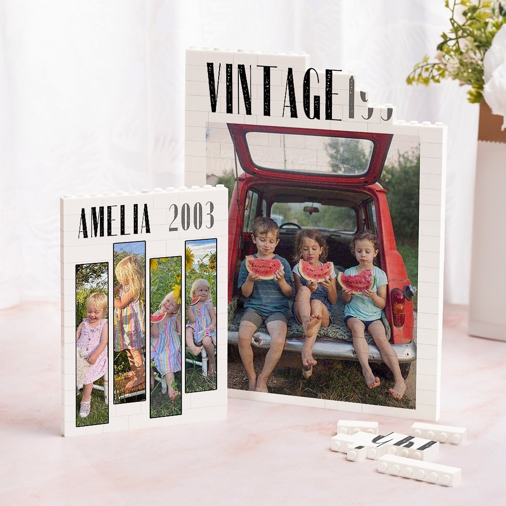 Película Retro Personalizada 1-4 Fotos Rompecabezas de Bloques con Nombre y Año Decoración del Hogar Aniversario Cumpleaños Regalo para Amigos de la Familia