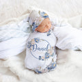 Corona de flores de acuarela personalizada 100% algodón suave Swaddle y nudo sombrero conjunto con el nombre del bebé Foto Props Baby Shower regalo para el recién nacido