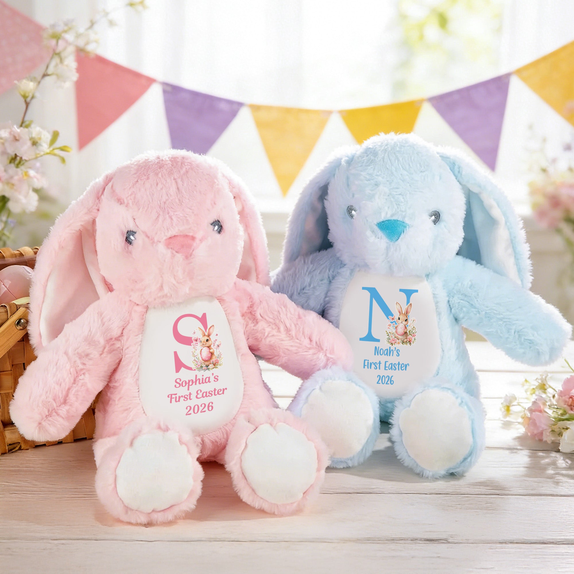 Flor personalizada Peter Rabbit Cute Bunny Peluche Animal de juguete con el nombre y la inicial Primera Pascua de regalo de vacaciones para los niños