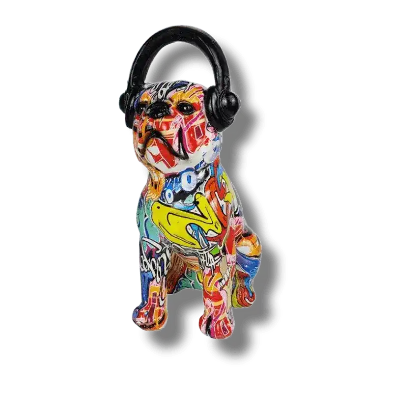 Abstract Painted Bulldog and Headphone Pop Sculpture
