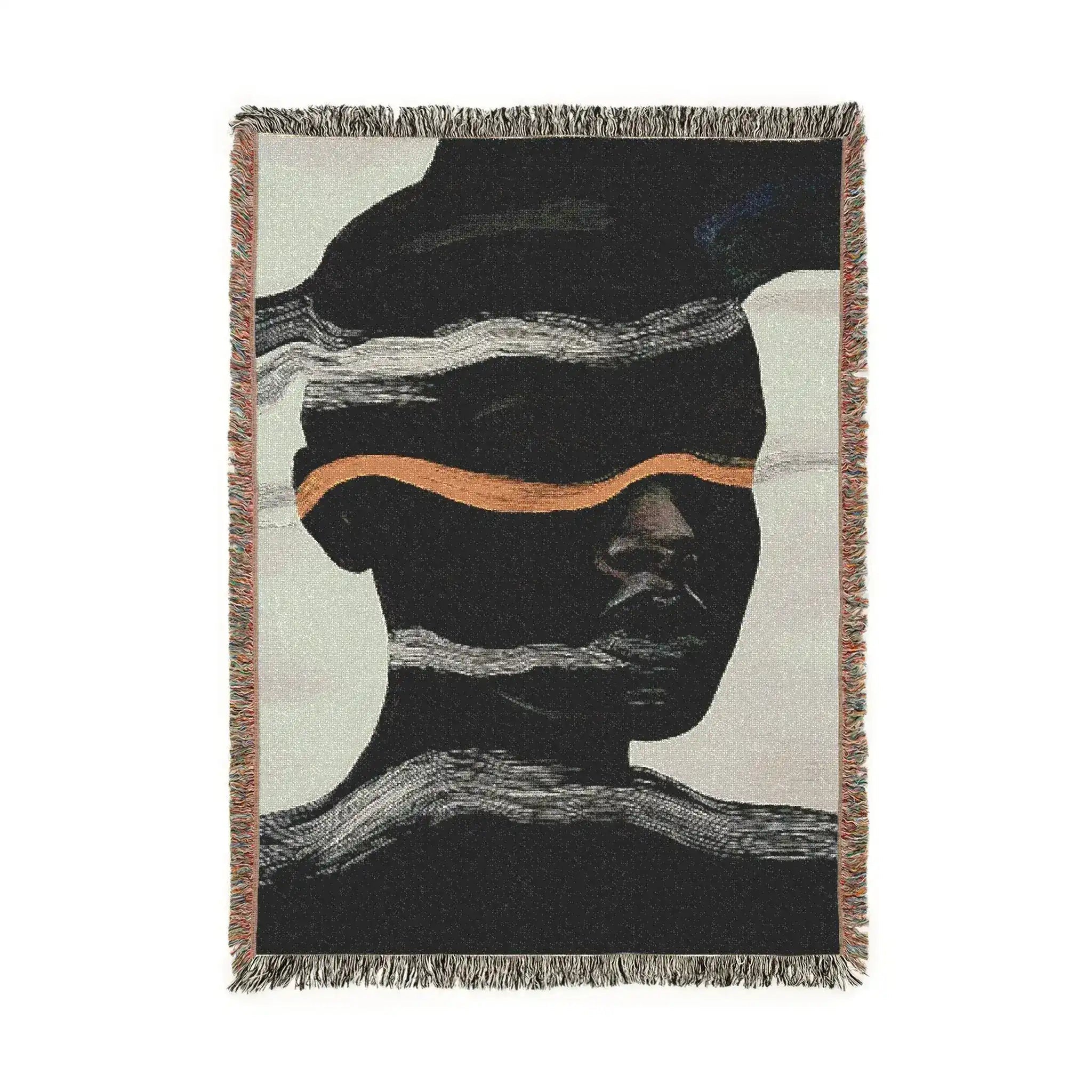 Abstract Woven Blanket with Black and White Waves