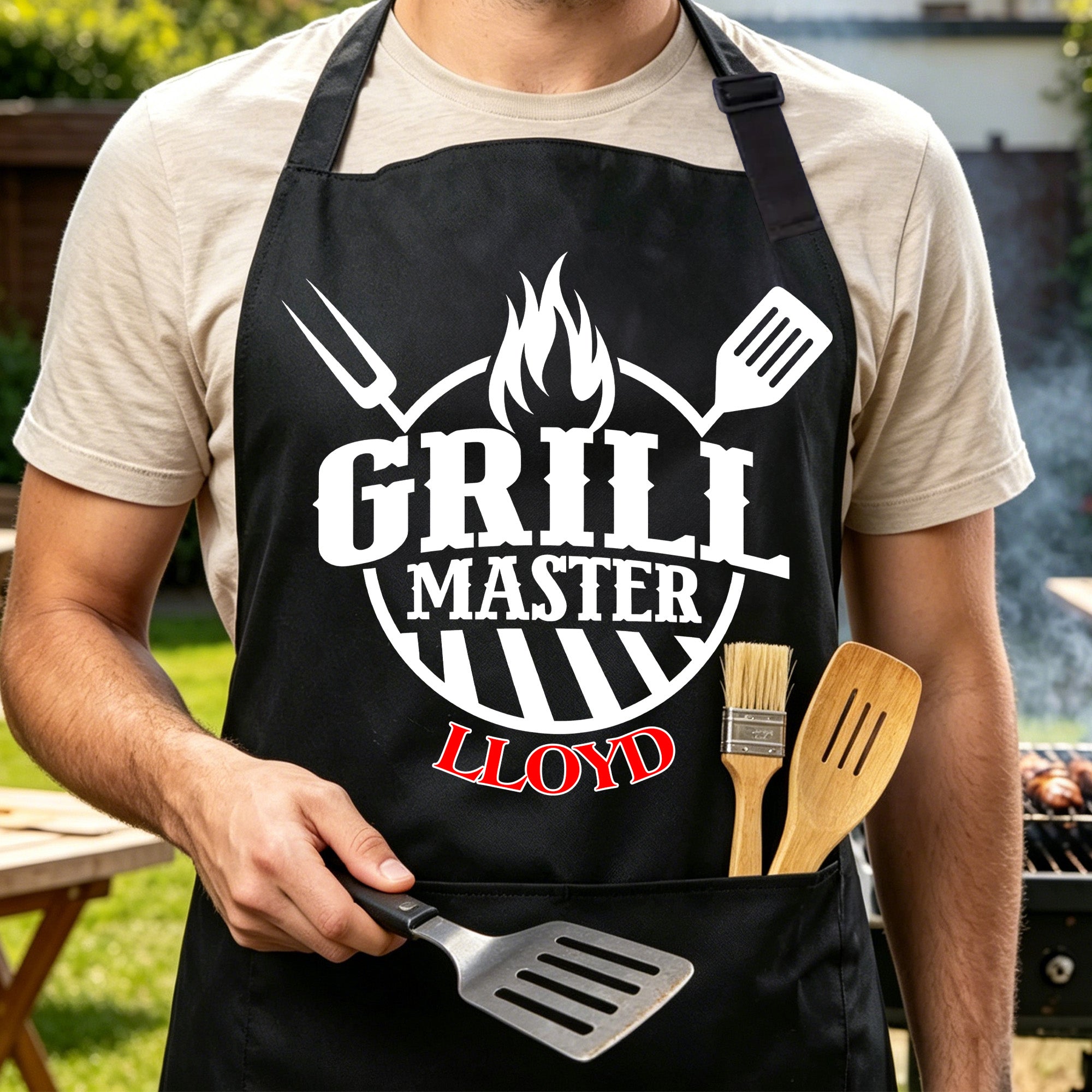 Delantal Personalizado Multicolor Barbacoa con Nombre Reunión Familiar Día del Padre Regalo para Padre Abuelo