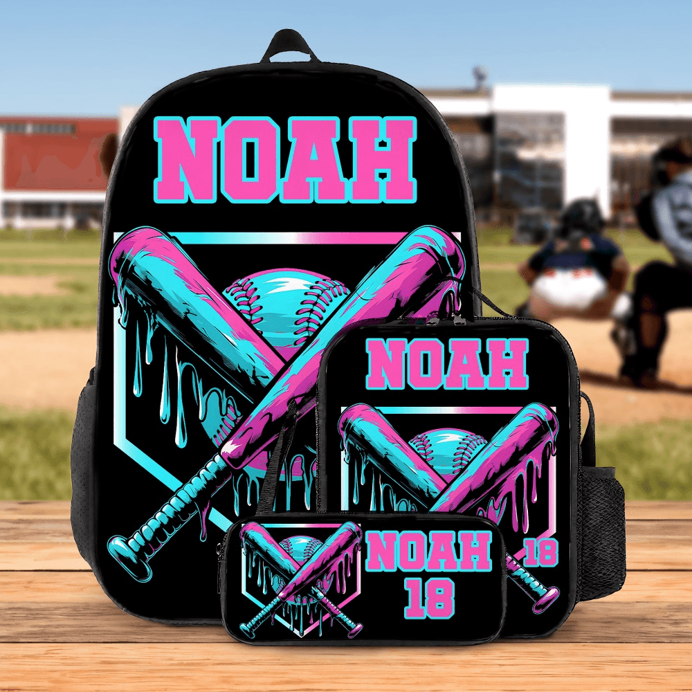 Personalizado Cool helado goteo de béisbol Mochila Bolsa de almuerzo Estuche con nombre Juego de 3 de vuelta a la escuela Cumpleaños Día del Juego de regalo para los estudiantes