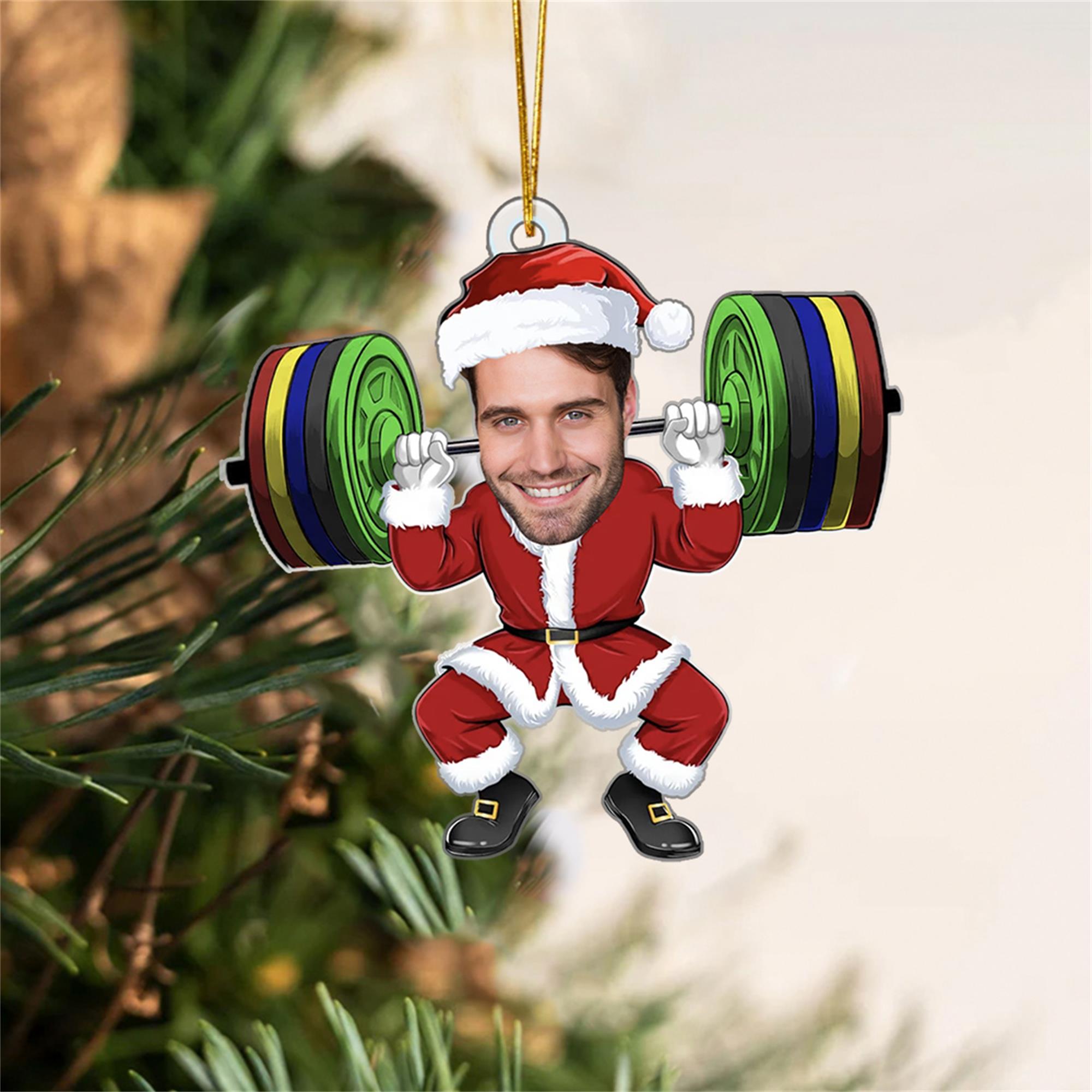 Foto personalizada de Papá Noel levantador de pesas Ornamento acrílico colgante Divertido Gimnasio Decoración del árbol de Navidad Regalo para los amantes del fitness Compañeros de entrenamiento