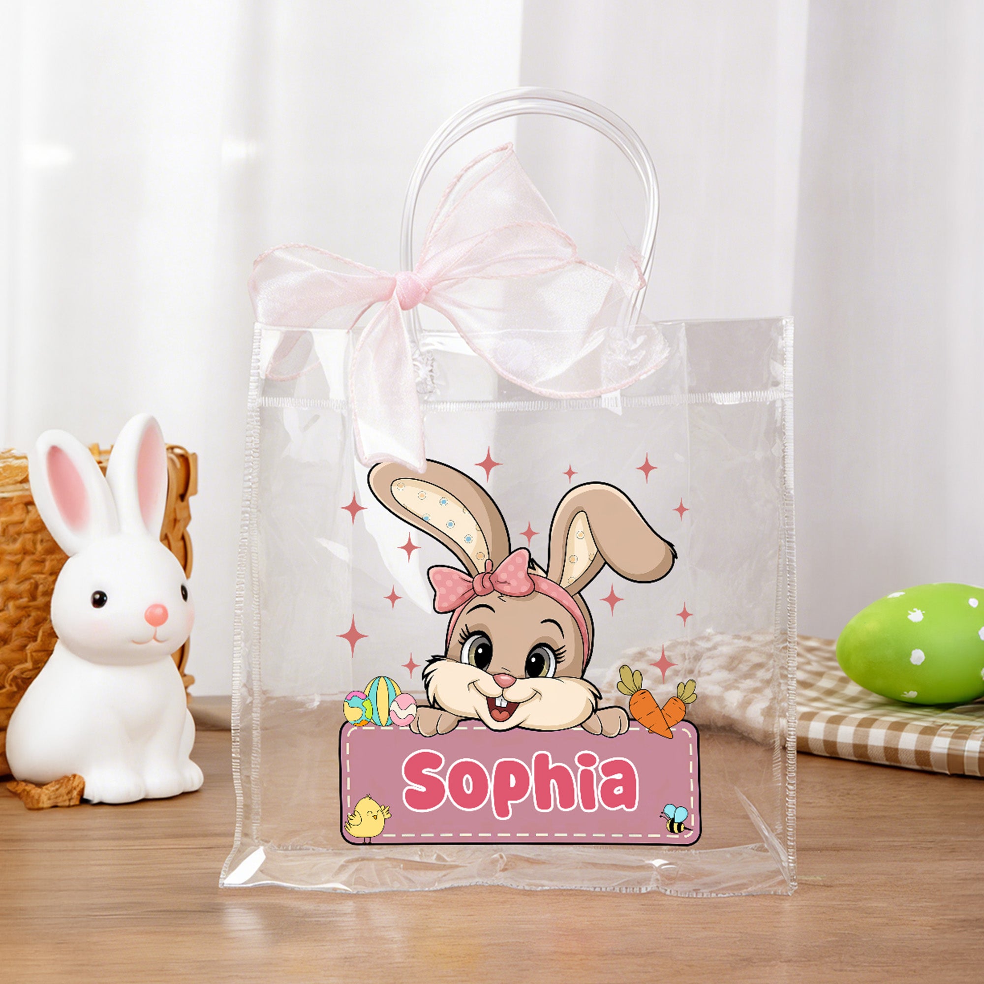 Personalizado lindo conejo de dibujos animados Bolsa transparente con lazo rosa y el nombre de los huevos de caza Fiesta de Pascua de Regalo para Niños Niñas