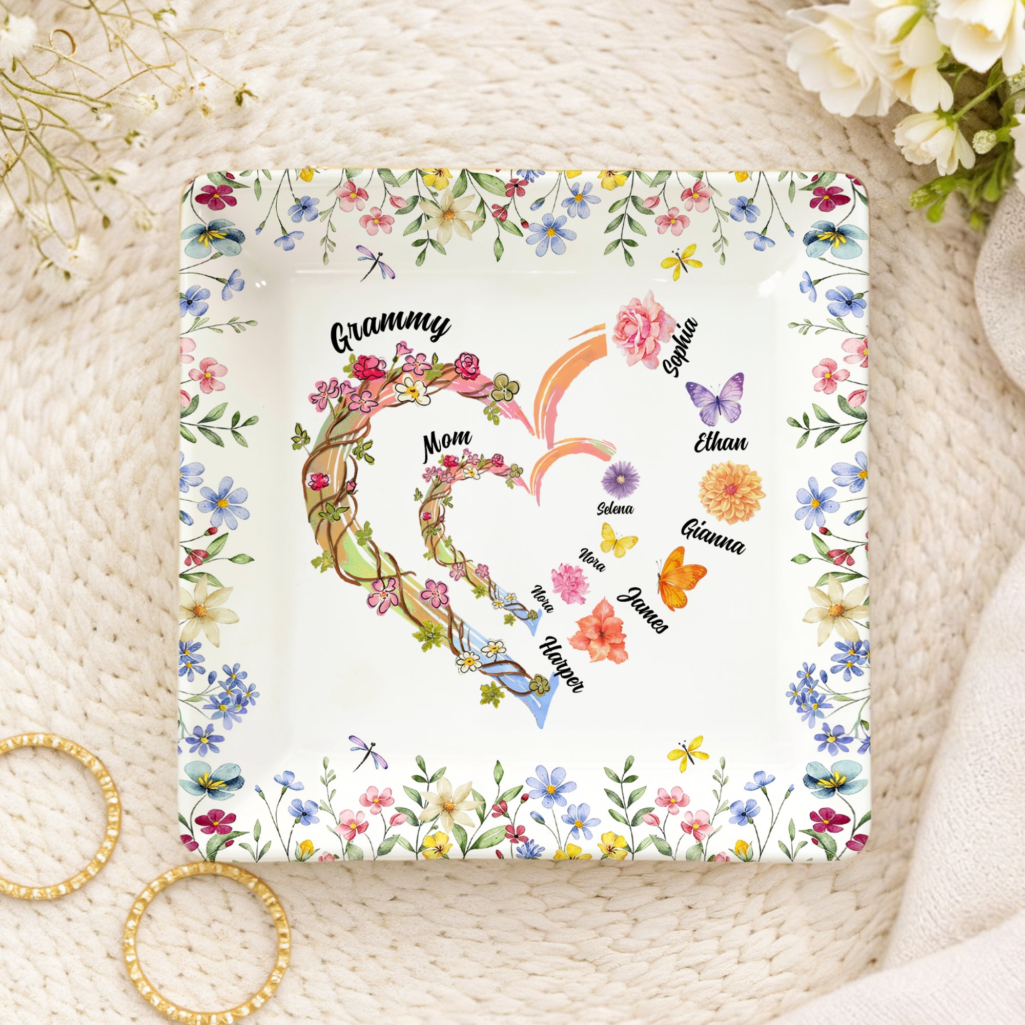 Acuarela Personalizada Familia Corazón Nacimiento Flor Baratija de Cerámica Joyero Plato con Nombres Cumpleaños Día de la Madre Regalo para Mujeres