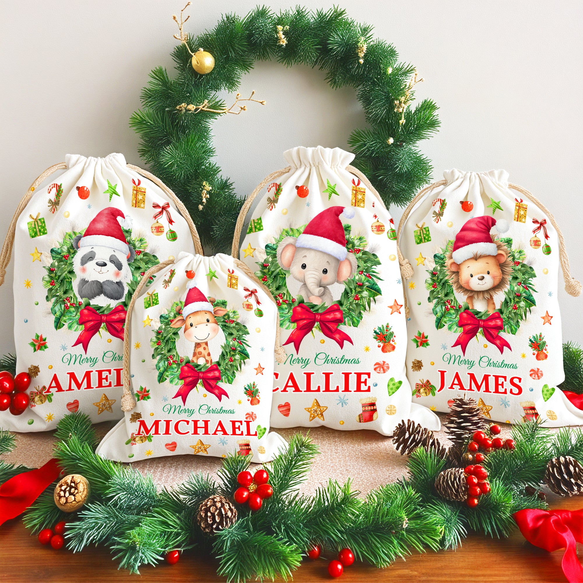 Personalizado Lindo Dibujos animados de Navidad Corona de Animales Bolsa de Regalo de Navidad con Nombre Nochebuena Fiesta de Regalo para Niños Familia Amigos