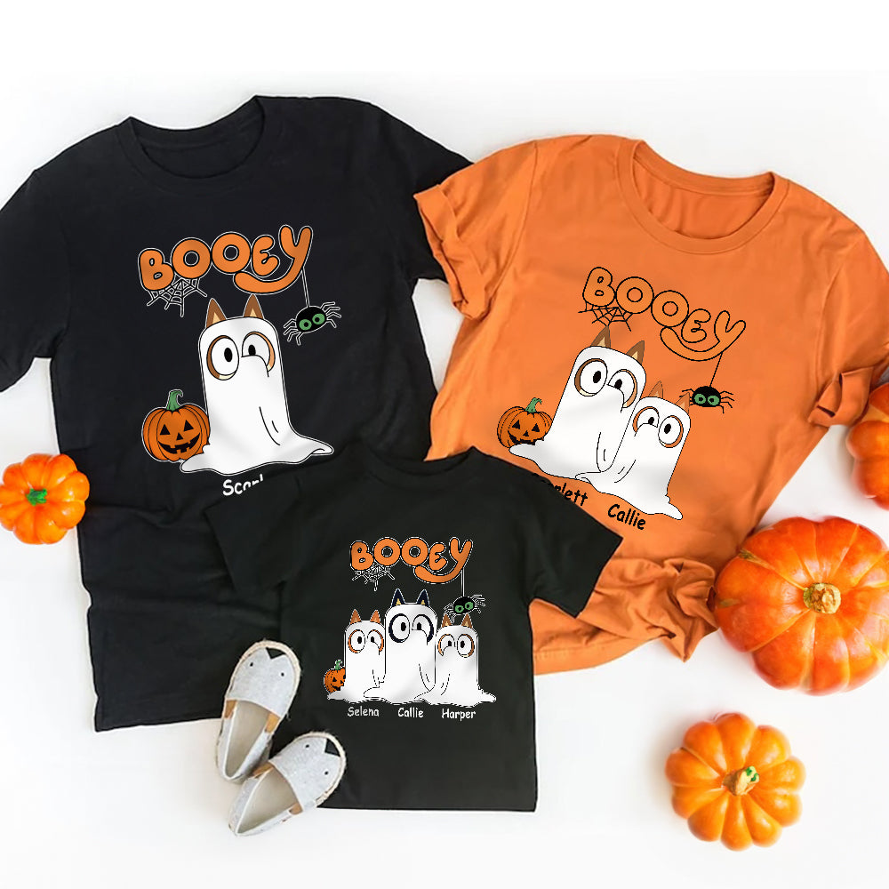 Personalizado Booey lindo perro fantasma calabaza 100% algodón niño Aldult camiseta con 1-6 nombres Halloween fiesta regalo para la familia niños amigos