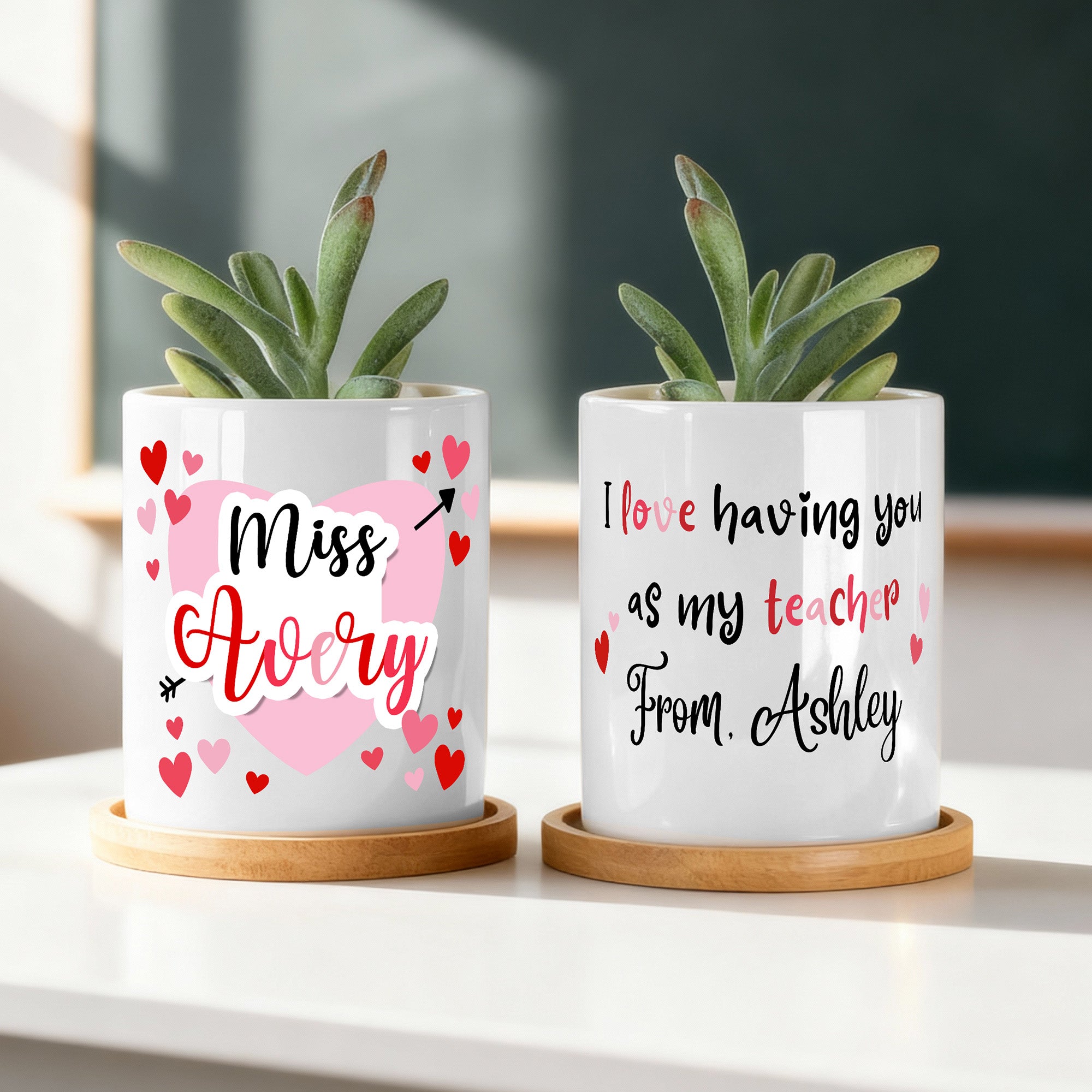 Maceta personalizada rosa flecha corazón de amor con texto del apellido y base de madera Cumpleaños Agradecimiento San Valentín Regalo para profesora