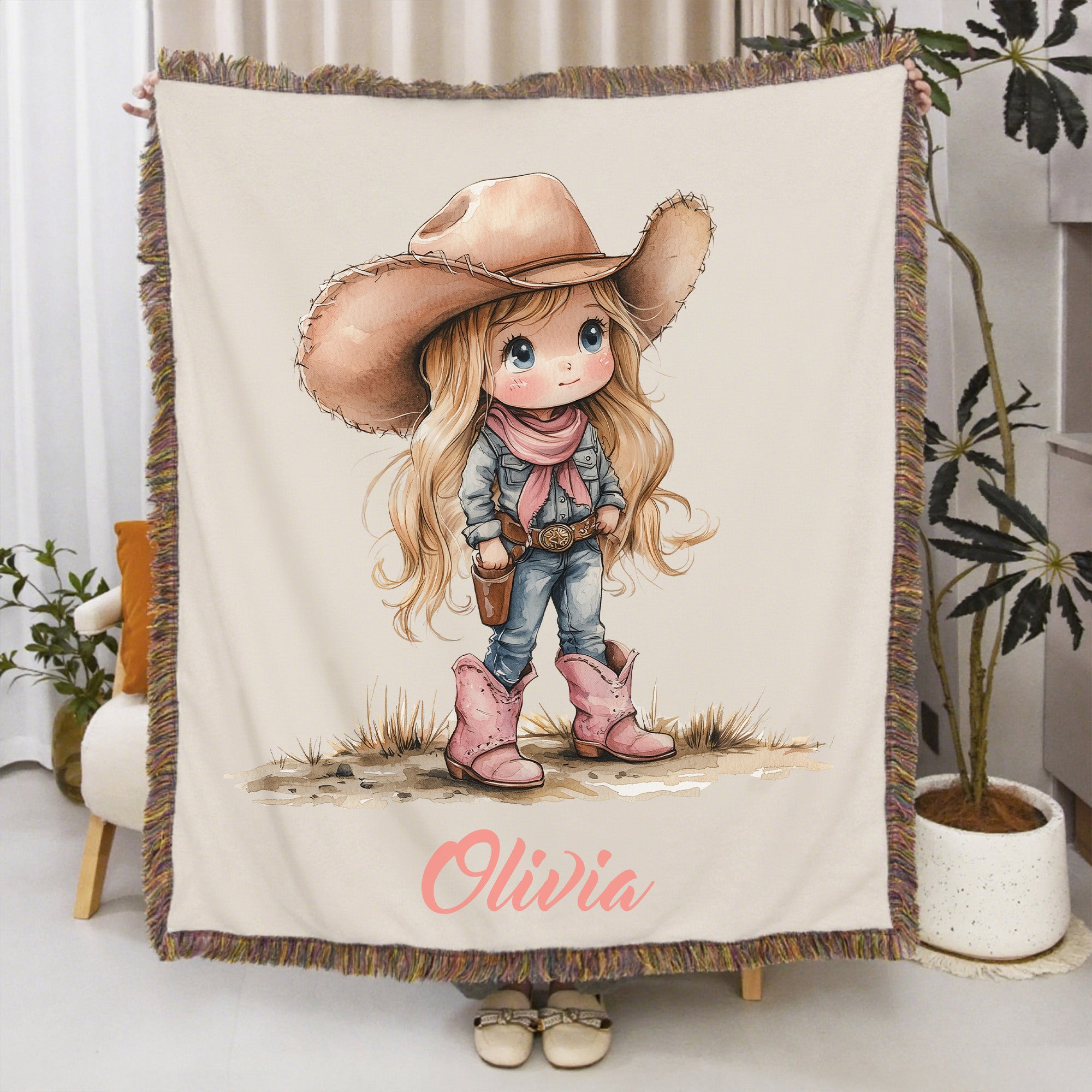 Personalizado de dibujos animados vaquero vaquera borla suave manta con el nombre de decoración del hogar regalo de cumpleaños para los niños vaqueros amantes