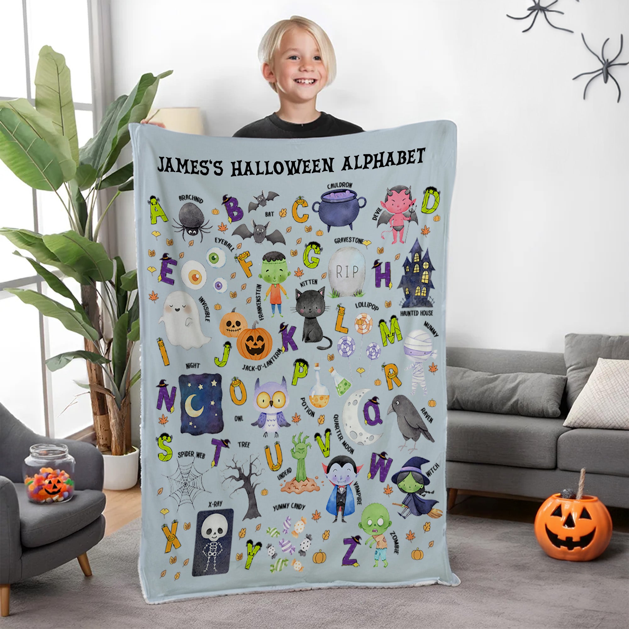 Alfabeto personalizado divertido de Halloween Manta suave con nombre Decoración del hogar Educado Halloween Regalo para bebés niños pequeños