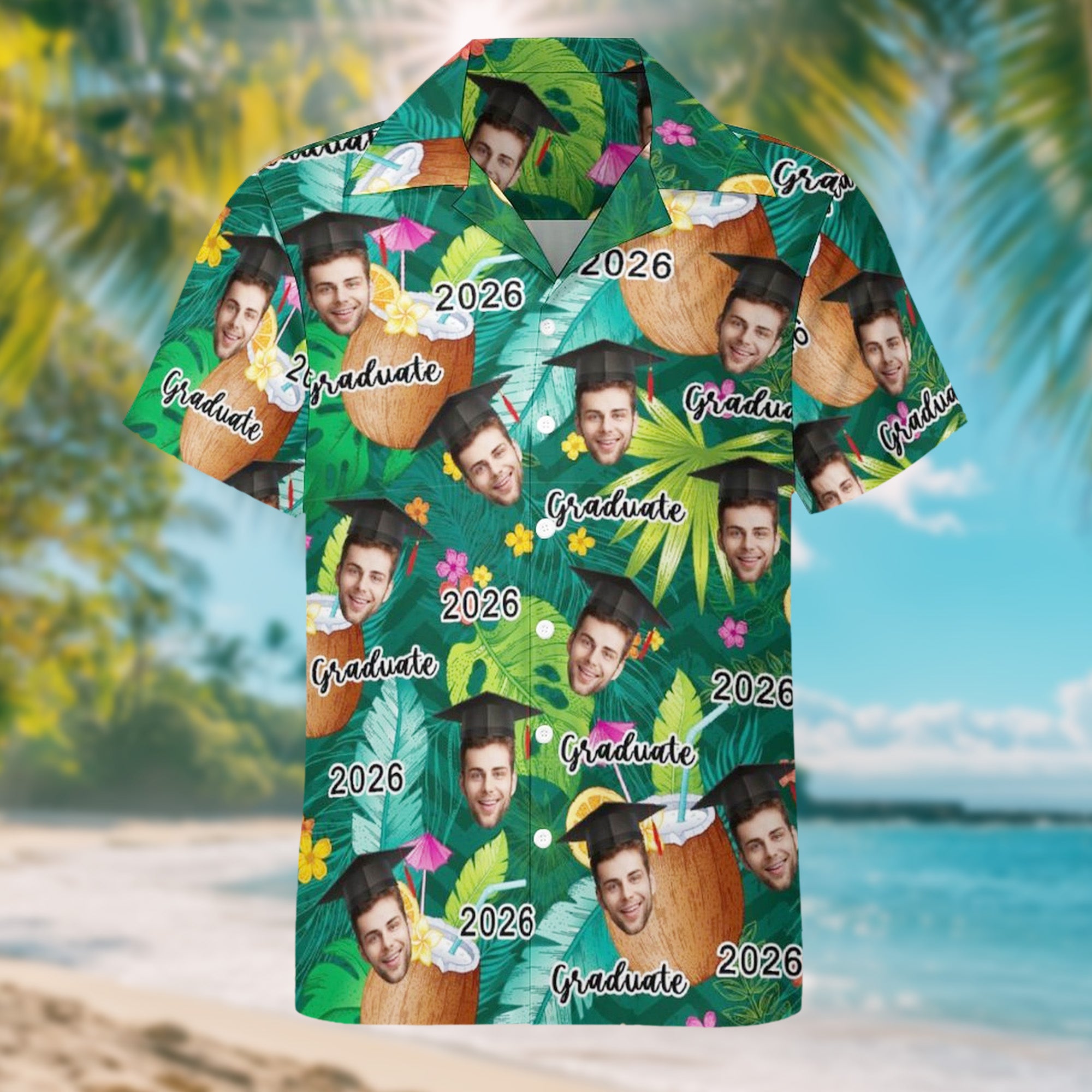 Gorra de Graduación Personalizada Foto de Cara Camisa Hawaiana con Nombre y Año Fiesta de Graduación Vacaciones de Verano Fiesta en la Playa Regalo para Hombre