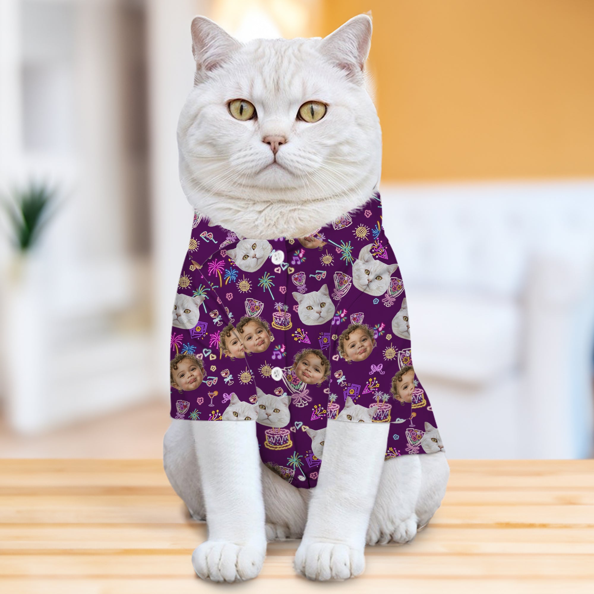 Personalizado 1-3 Fotos de la cara Fluorescente Patrón Pet Shirt Birthday Anniversary Gift for Dog Cat Lovers