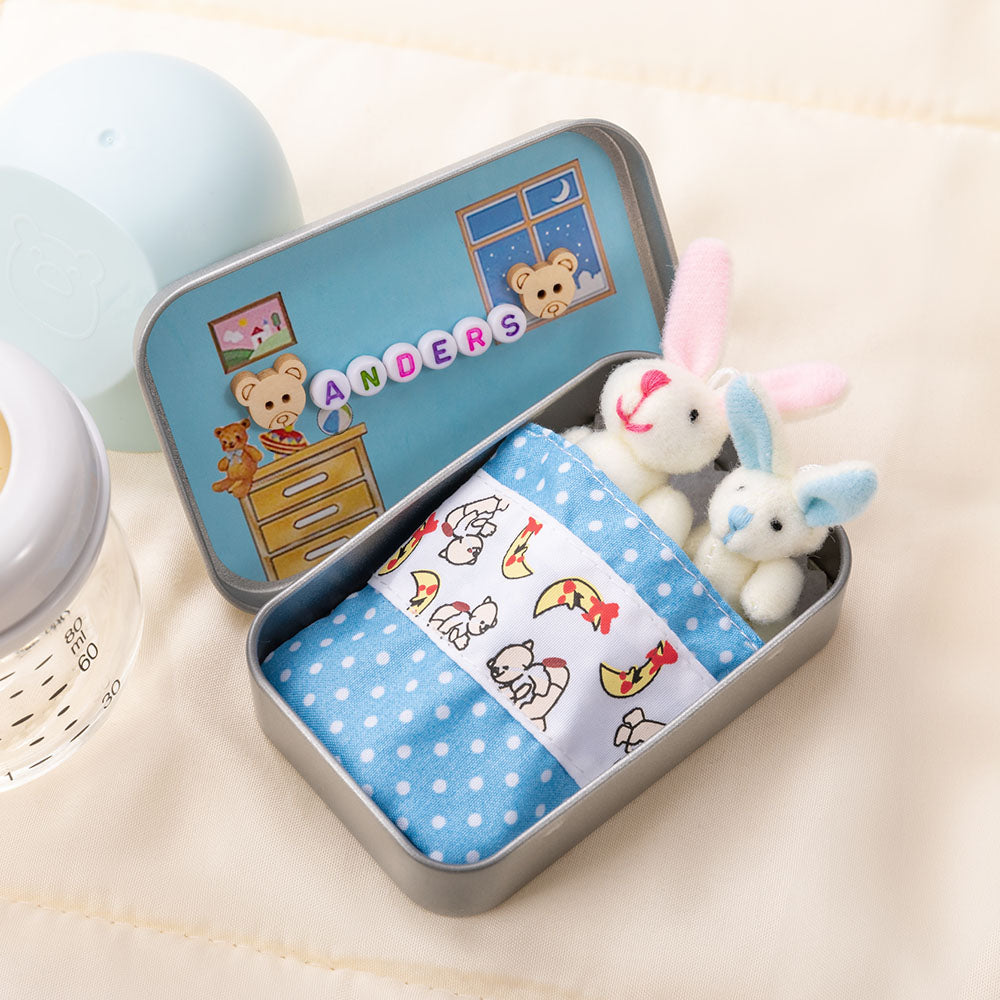 Caja mini de hojalata personalizada con nombre colorido y conejo de peluche mamá y bebé regalo de cumpleaños y Pascua para niños