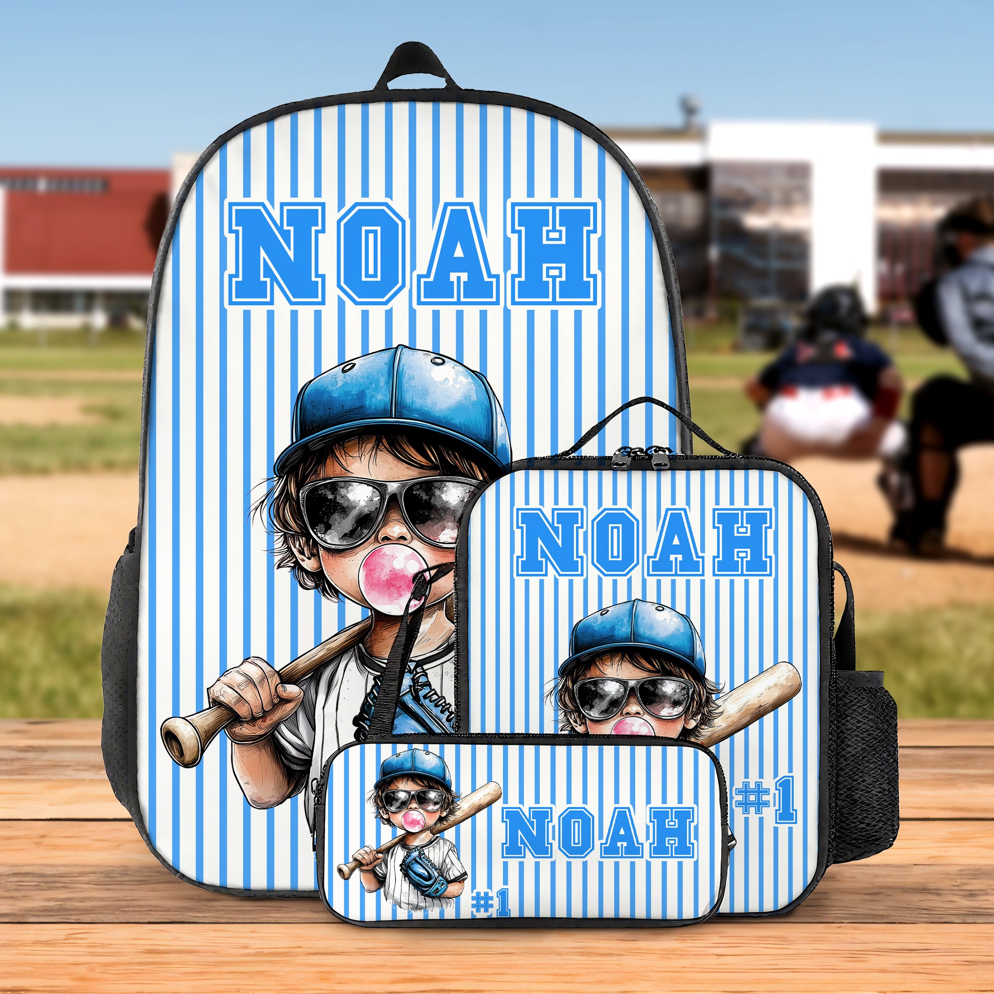 Personalizado rayas de dibujos animados de béisbol Kid Personaje Mochila Bolsa de almuerzo Estuche con nombre de vuelta a la escuela Regalo de cumpleaños para niños Niñas
