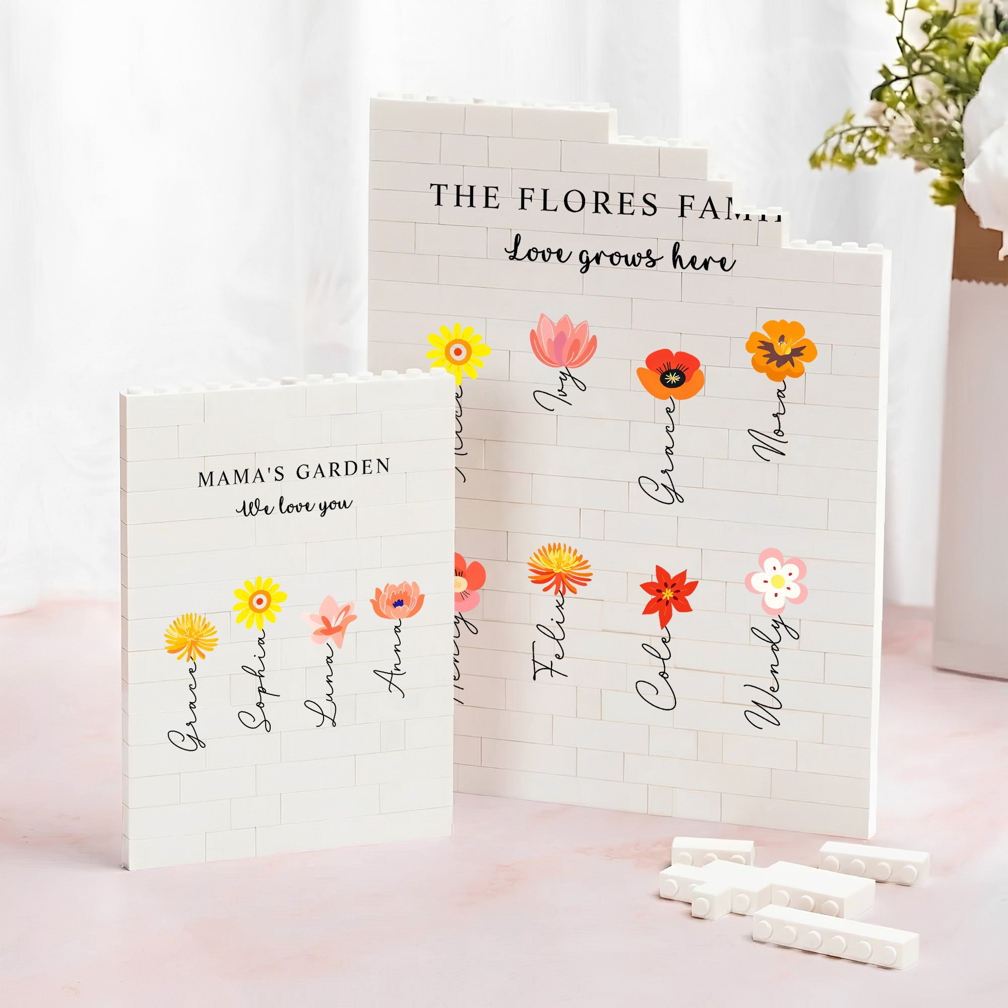 Personalizado 1-12 Flores de nacimiento Jardín de la abuela Puzzle de ladrillos de construcción rectangular con título, texto y nombre Regalo del Día de la Madre para la abuela