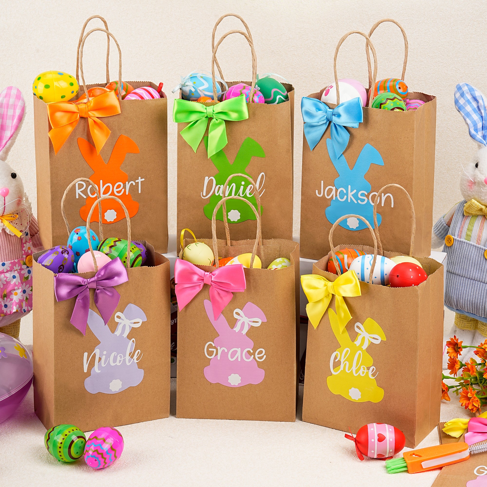 Conejito de Pascua Personalizado Bolsas de Papel Kraft Reutilizables con Nombre Regalo de Pascua para Niños Niñas
