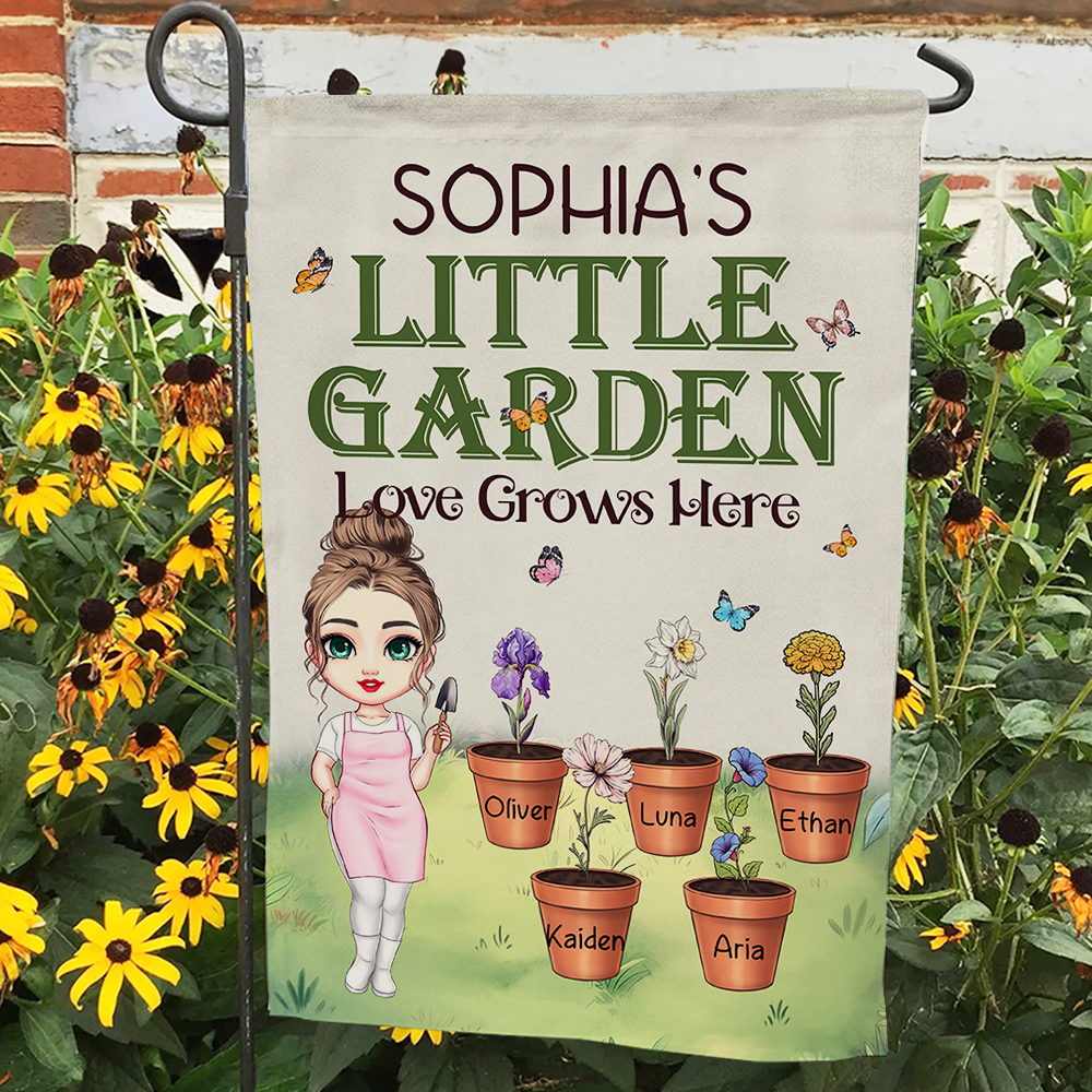 Flor de nacimiento personalizada Bandera de jardín de dibujos animados con 1-8 nombres Decoración de jardín Día de la madre Día del padre Regalo para mamá Papá