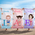 Toalla de playa de gran tamaño y secado rápido personalizada con nombre e inicial Personaje de dibujos animados Esenciales de verano Fiesta en la piscina Regalo de cumpleaños para familiares