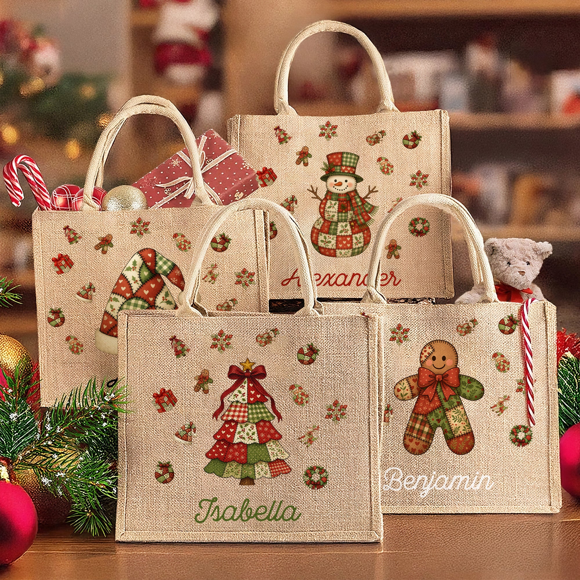 Personalizada Patchwork Elemento Árbol de Navidad Santa Claus Bolsa de yute grande con nombre Regalo de Navidad para la familia Niños