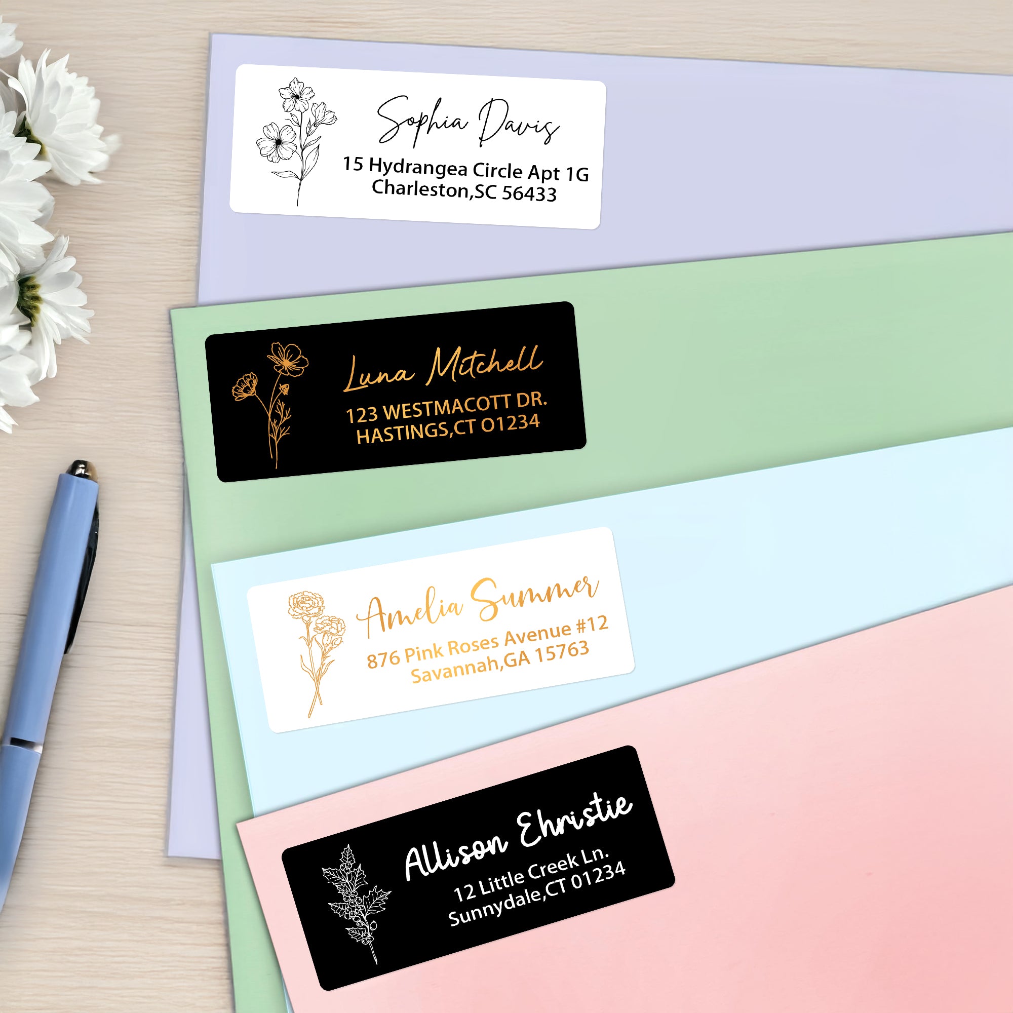 Pegatinas impermeables personalizadas de flores de nacimiento con nombre y remite Etiquetas decorativas para amigos y familiares