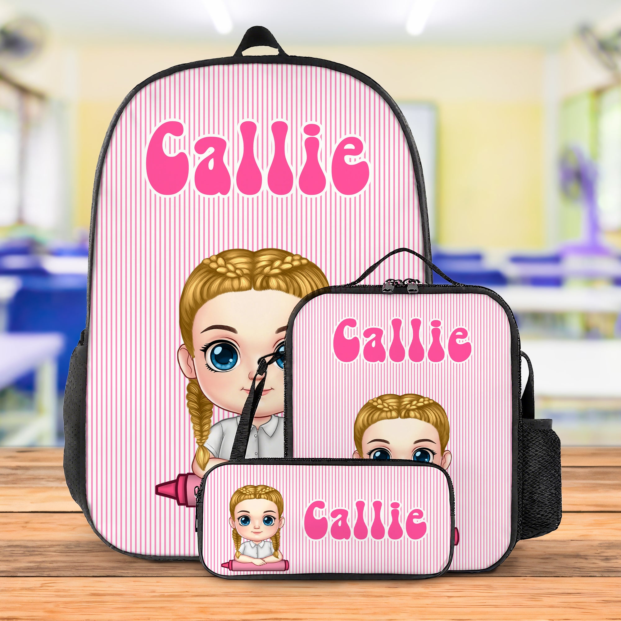 Mochila personalizada con rayas verticales de coloridos personajes de dibujos animados Bolsa de almuerzo Estuche para lápices con nombre Regalo de vuelta al cole para niños Adolescentes Estudiantes