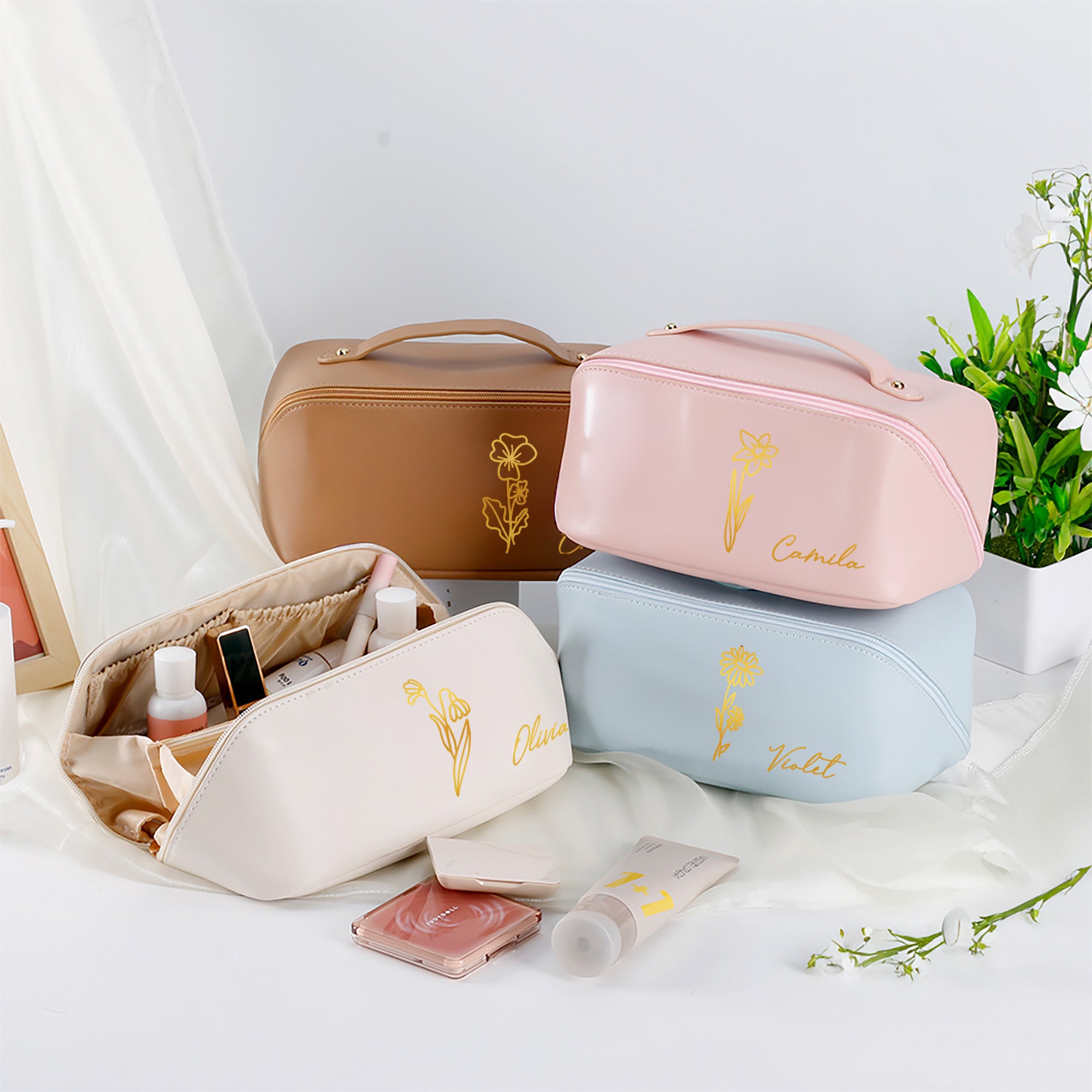 Personalizado Nacimiento Flor PU Cuero Bolsa de Maquillaje con Nombre Cumpleaños Aniversario Regalo para Ella