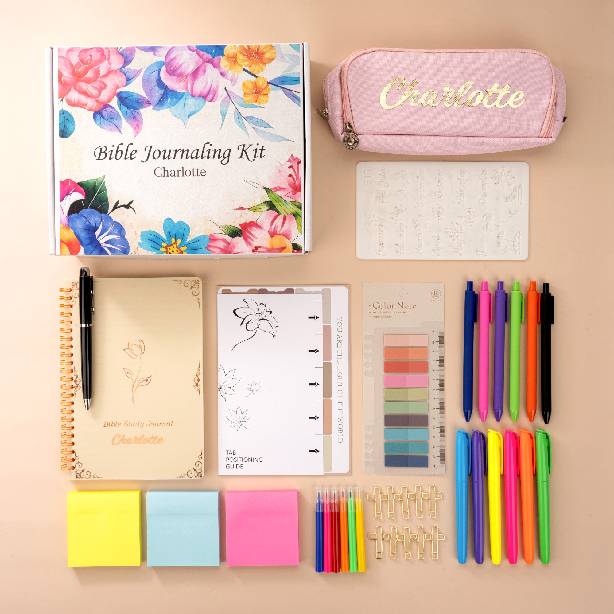 Cuaderno Floral Personalizado Estuche para Lápices Kit de Estudio de la Biblia con Nombre Bolígrafos de Colores y Caja de Regalo 11 Piezas Regalo de Pascua para Cristiano Católico