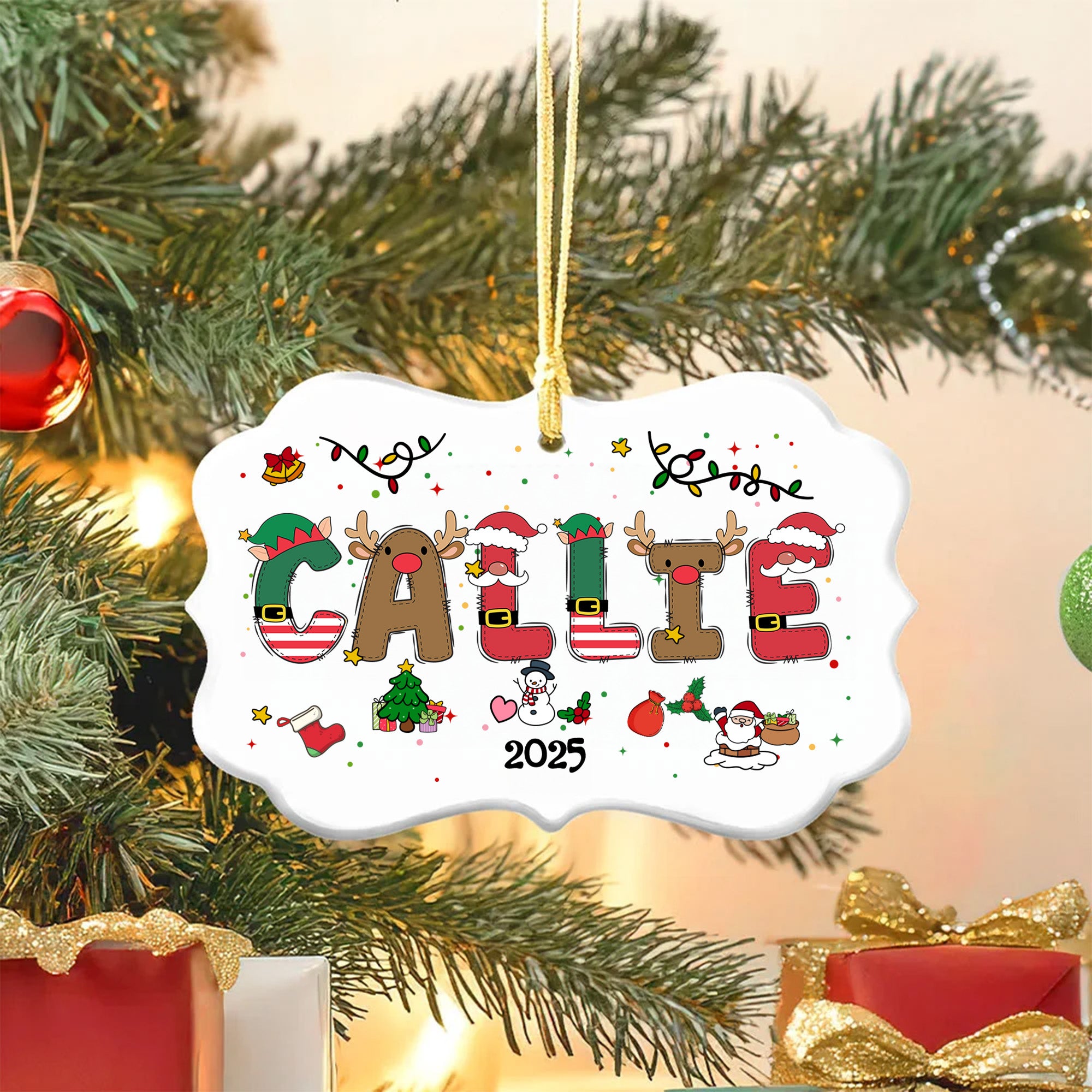 Personalizado Santa Claus Reno Alfabeto Irregular Adorno de Cerámica con Nombre y Cordón Decoración del Árbol Regalo de Navidad para la Familia