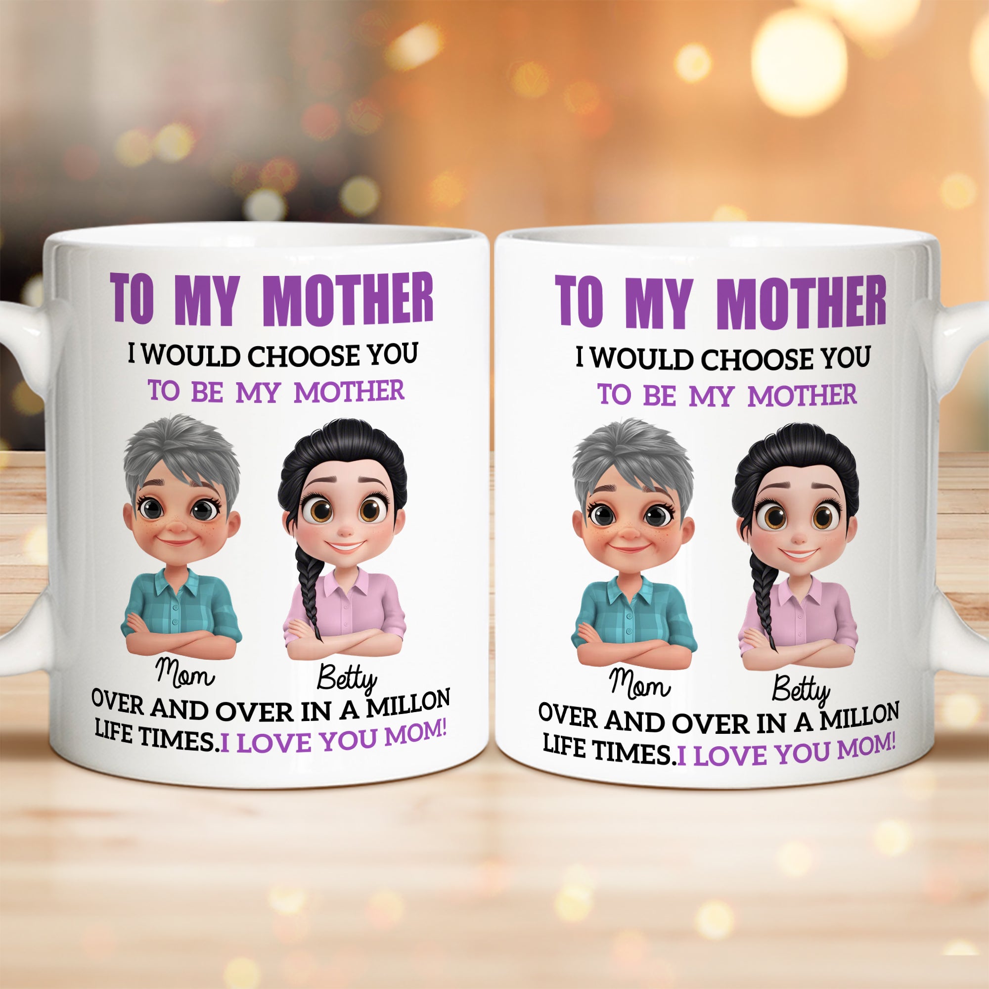 Taza de café de cerámica personalizada con dibujos animados de madre e hija con nombre Uso diario Cumpleaños Día de la Madre Regalo para niñas Mujeres