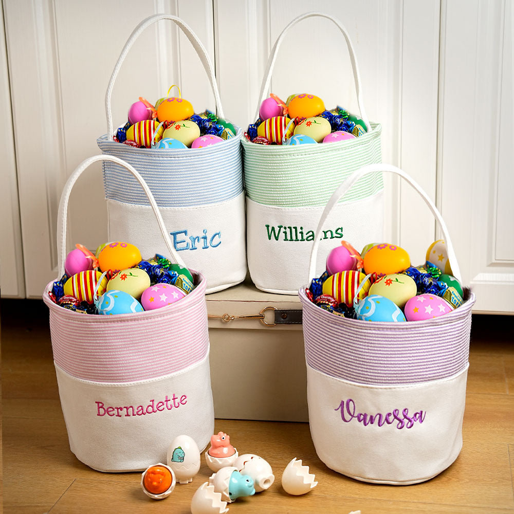 Bordado personalizado Nombre Seersucker Bolsa de lona Bucket Cesta con asa Pascua Huevo Caza Suministros Fiesta de Cumpleaños Regalo para los niños