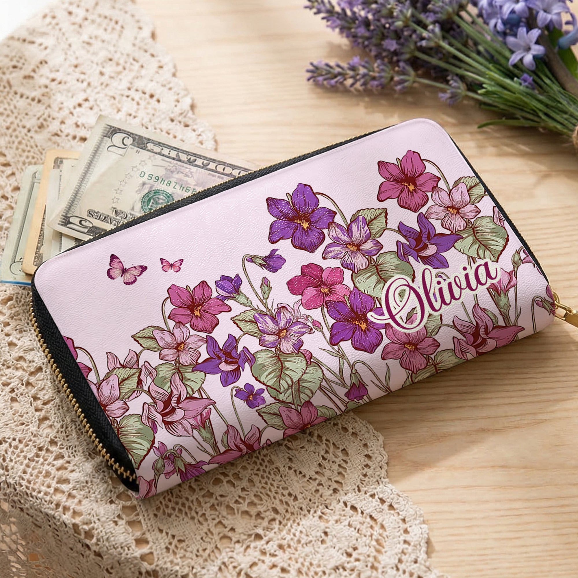 Personalizado Nacimiento Flor PU Cartera de mano de cuero con nombre y múltiples compartimentos Accesorios de viaje Día de la Madre Cumpleaños Regalo para Mujeres Niñas