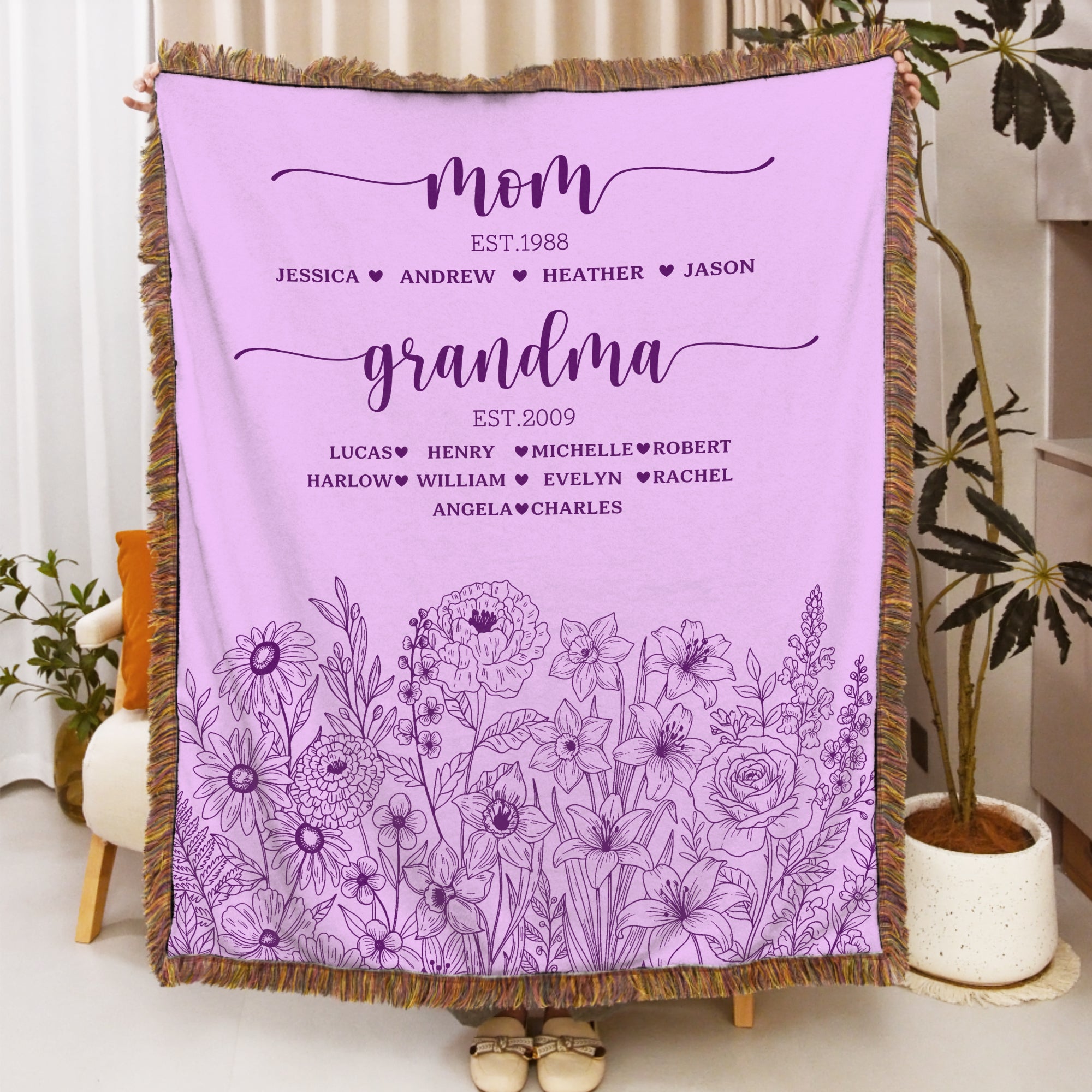 Manta personalizada con borlas de flores pintadas a mano con nombres y año Decoración del hogar Día de la madre Cumpleaños Regalo para mamá Abuela