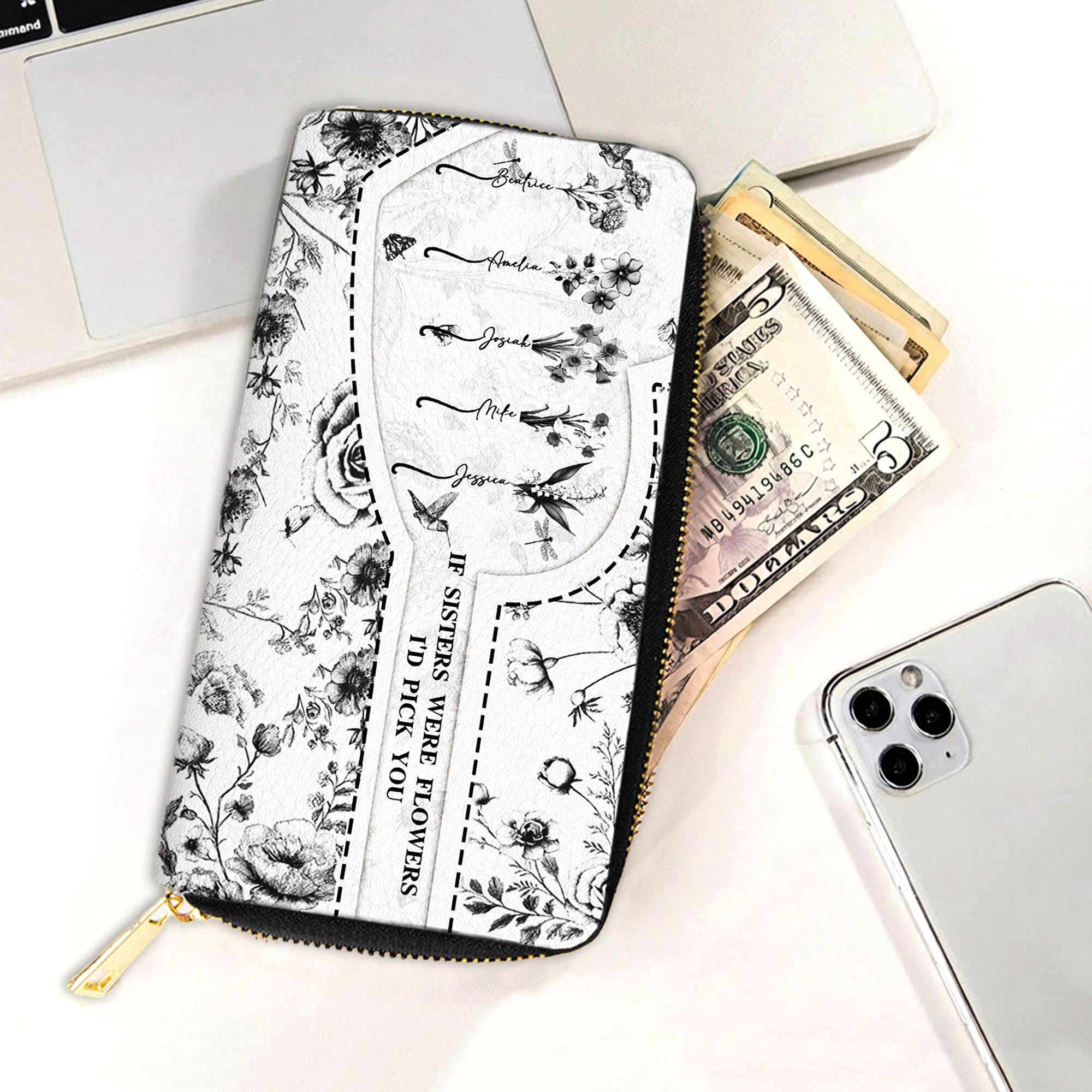 Cartera de Mano Personalizada Toile De Jouy Flor de Nacimiento con 1-5 Nombres y Múltiples Compartimentos Regalo de Cumpleaños Aniversario para Amigos