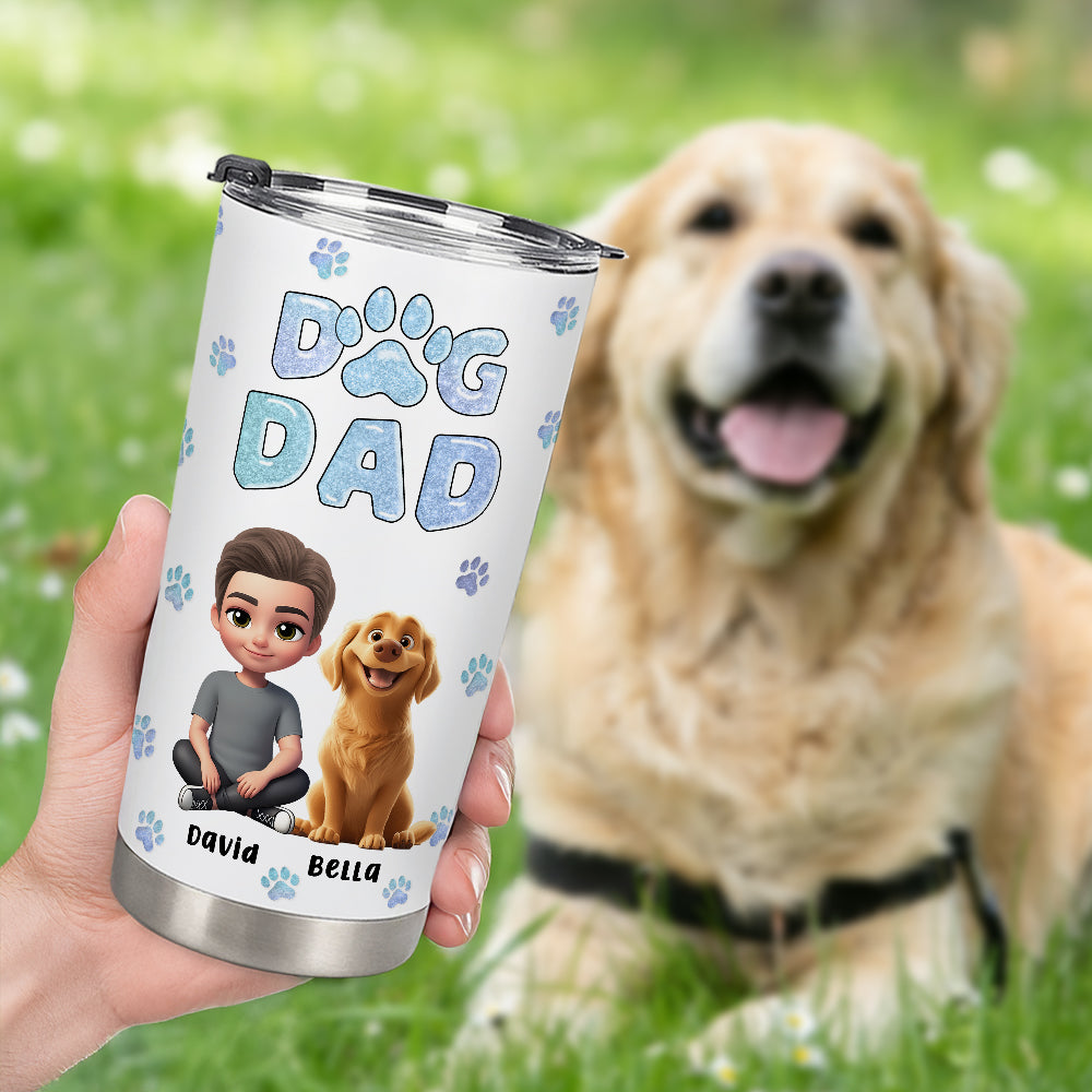 Vaso isotérmico de 20 oz con nombres Personalizado Dog Dad 3D Cartoon Character and 1-4 Dogs Regalo de cumpleaños Día del Padre para los amantes de las mascotas papá