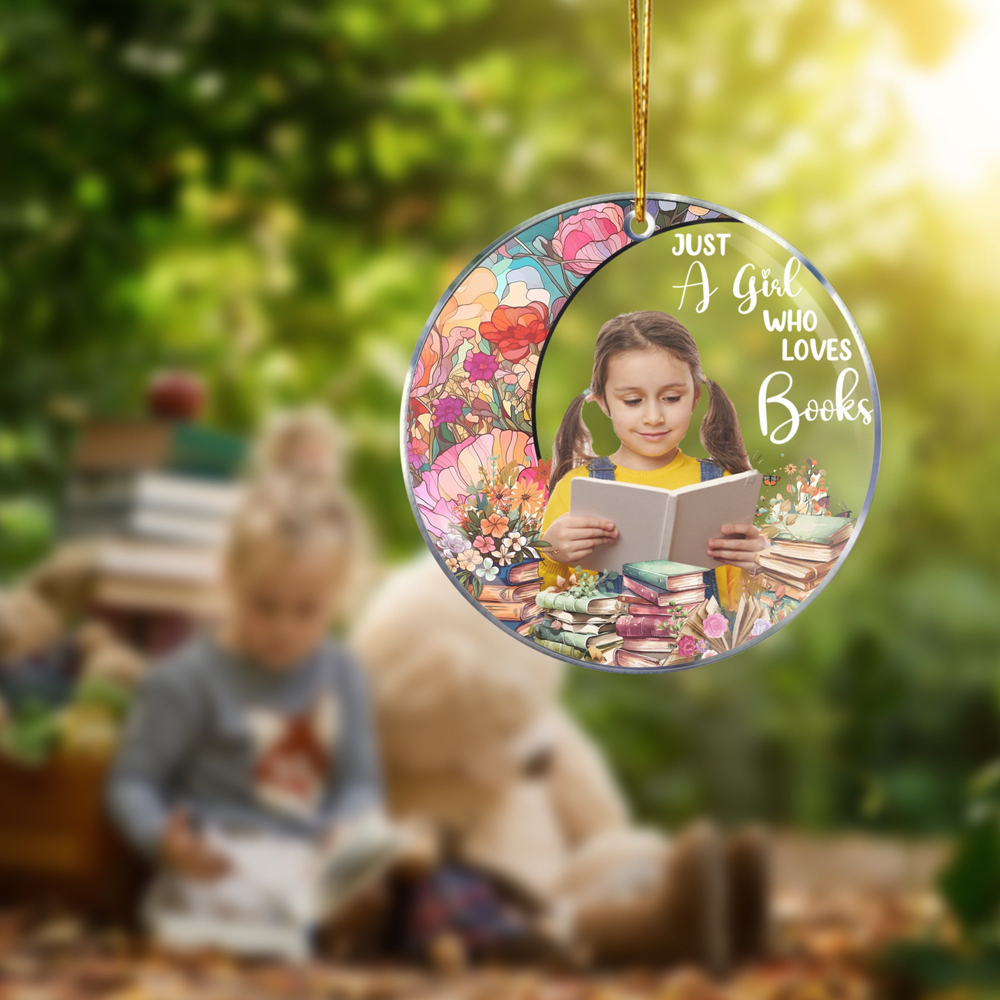 Flor de luna personalizada Just A Girl Who Loves Books Adorno acrílico con foto Decoración del hogar Regalo de Navidad para hija amante de los libros