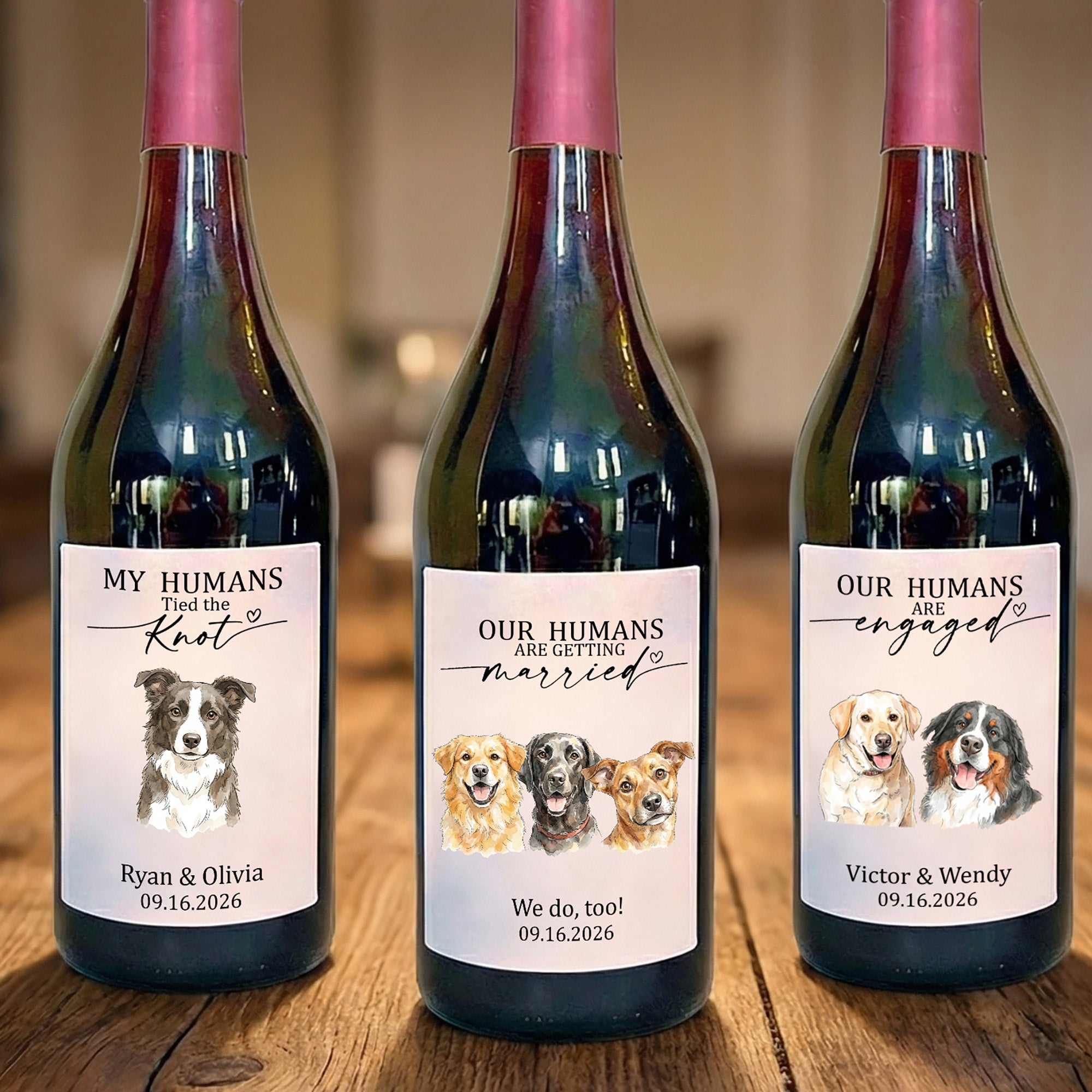 Personalizada Acuarela Retrato de Mascota Botella de Vino Etiquetas Adhesivas con Texto y Fecha Aniversario Compromiso Fiesta de Bodas Favores para Recién Casados Parejas