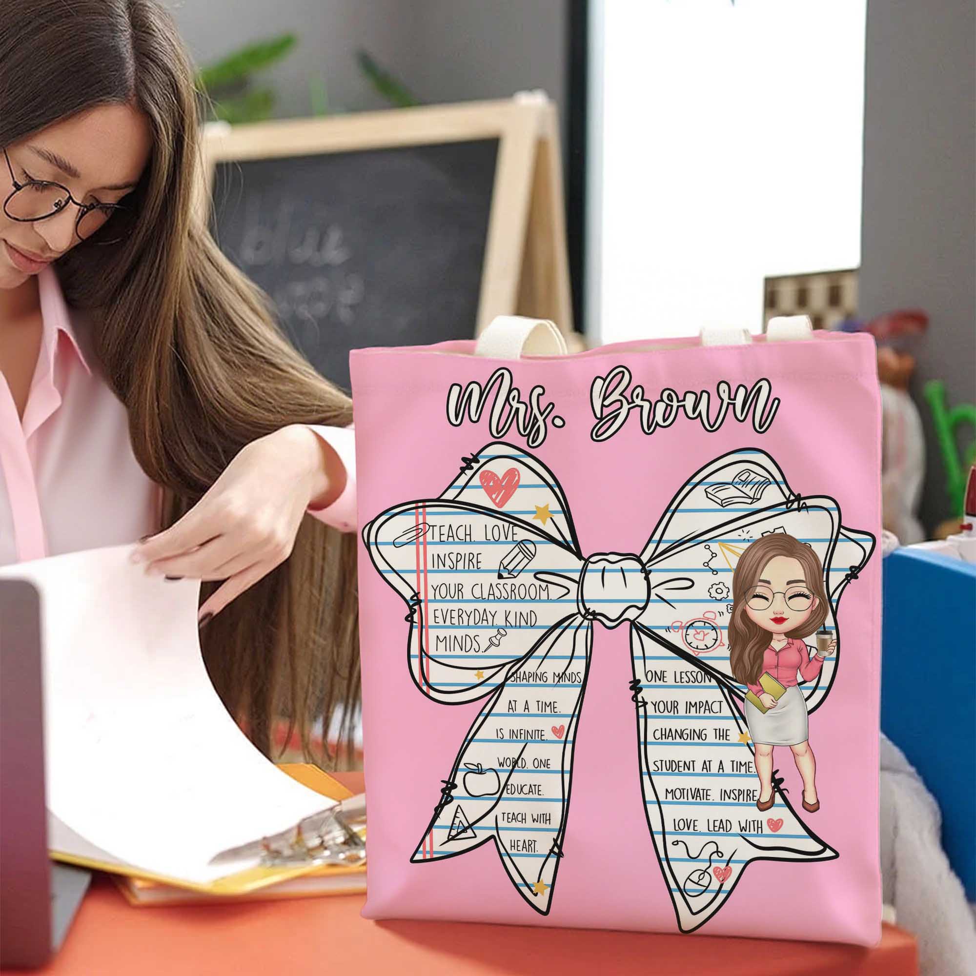 Libro personalizado forrado Lazo Personaje de dibujos animados Profesor Bolsa de lona con texto Compras Viaje Uso diario Día del profesor Regalo para el profesor