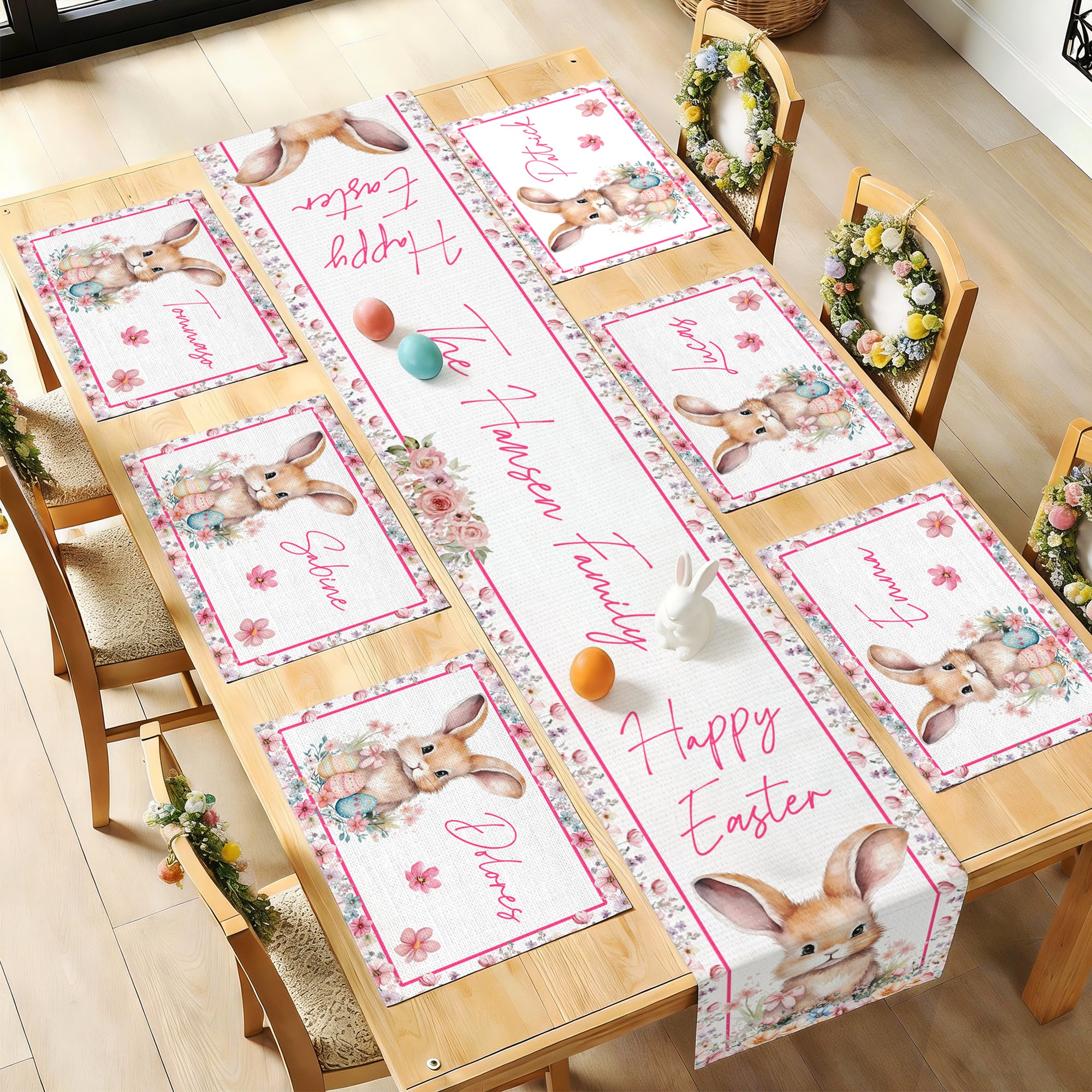 Camino de Mesa Personalizado Estilo Acuarela Conejito de Pascua y Salvamanteles a Juego con el Nombre de la Familia Decoración de Mesa de Comedor Regalo de Pascua para Amigos de la Familia