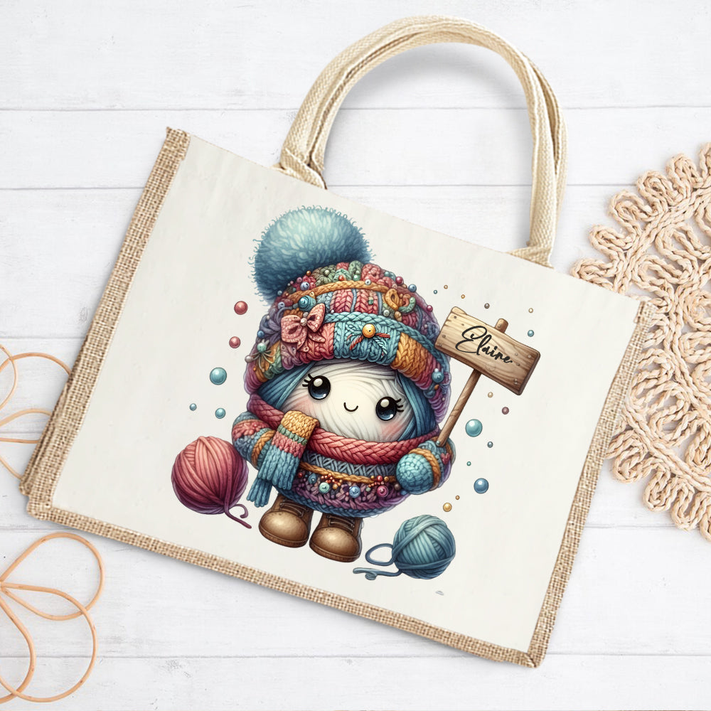 Bolsa de yute de ganchillo personalizada con dibujos animados y nombre Accesorios de viaje Regalo de cumpleaños Vacaciones para mujeres amantes del punto