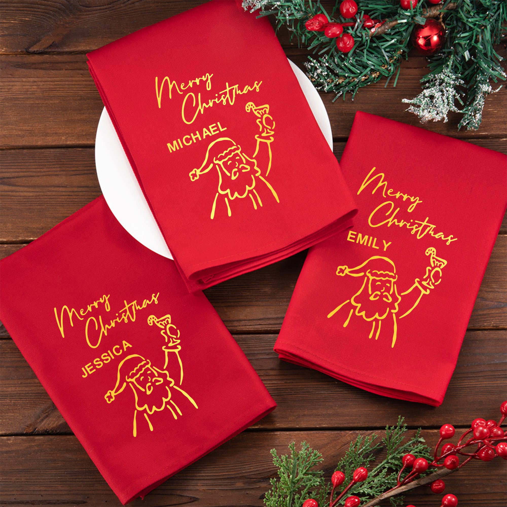Servilleta Reutilizable Personalizada 100% Algodón Feliz Navidad Borgoña con Nombre e Icono Festivo Decoración de Mesa Regalo de Navidad para la Familia
