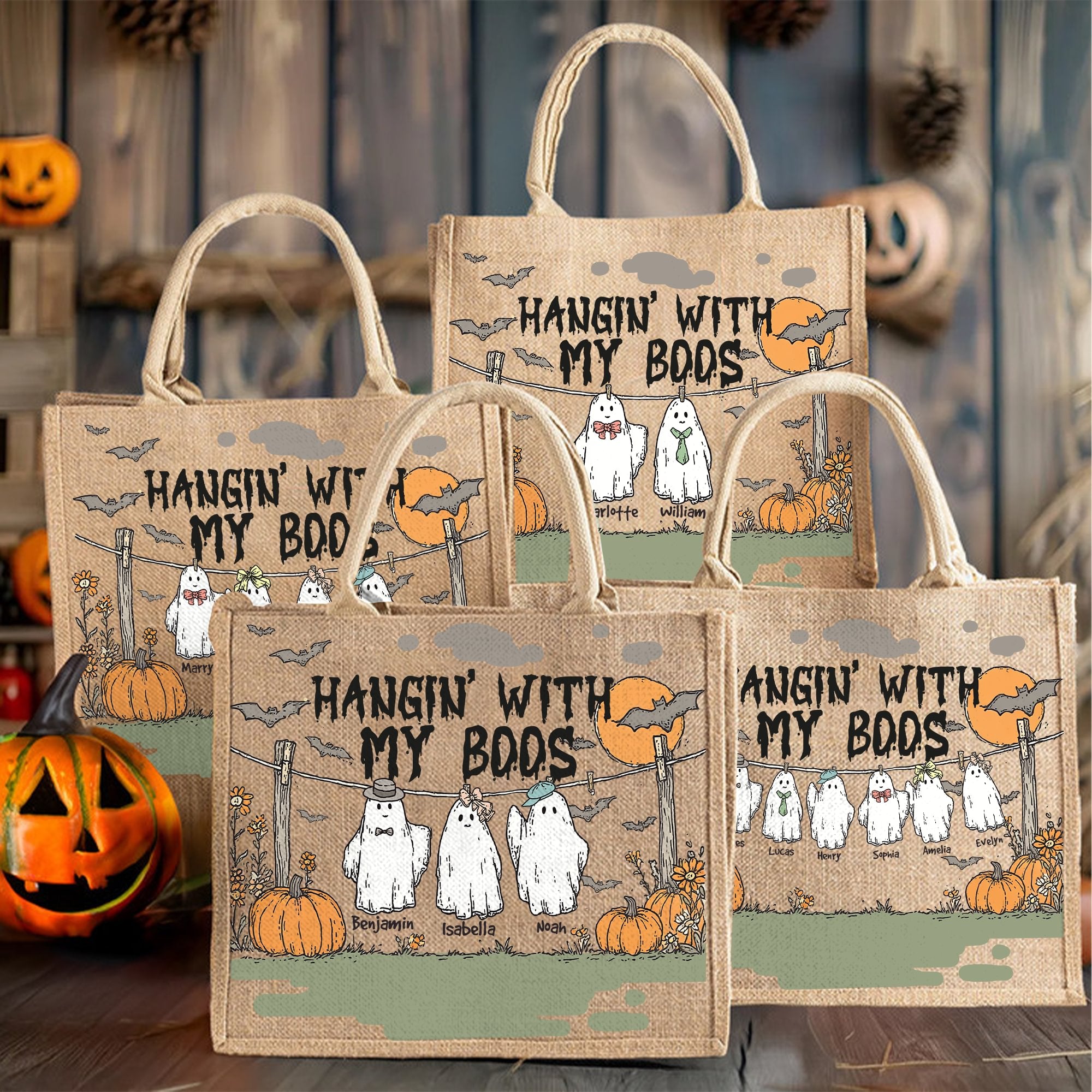 Hangin personalizado con mi Boos calabaza fantasma bolsa de yute con 1-6 nombres de Halloween Fiesta de Regalo para Niños Niñas