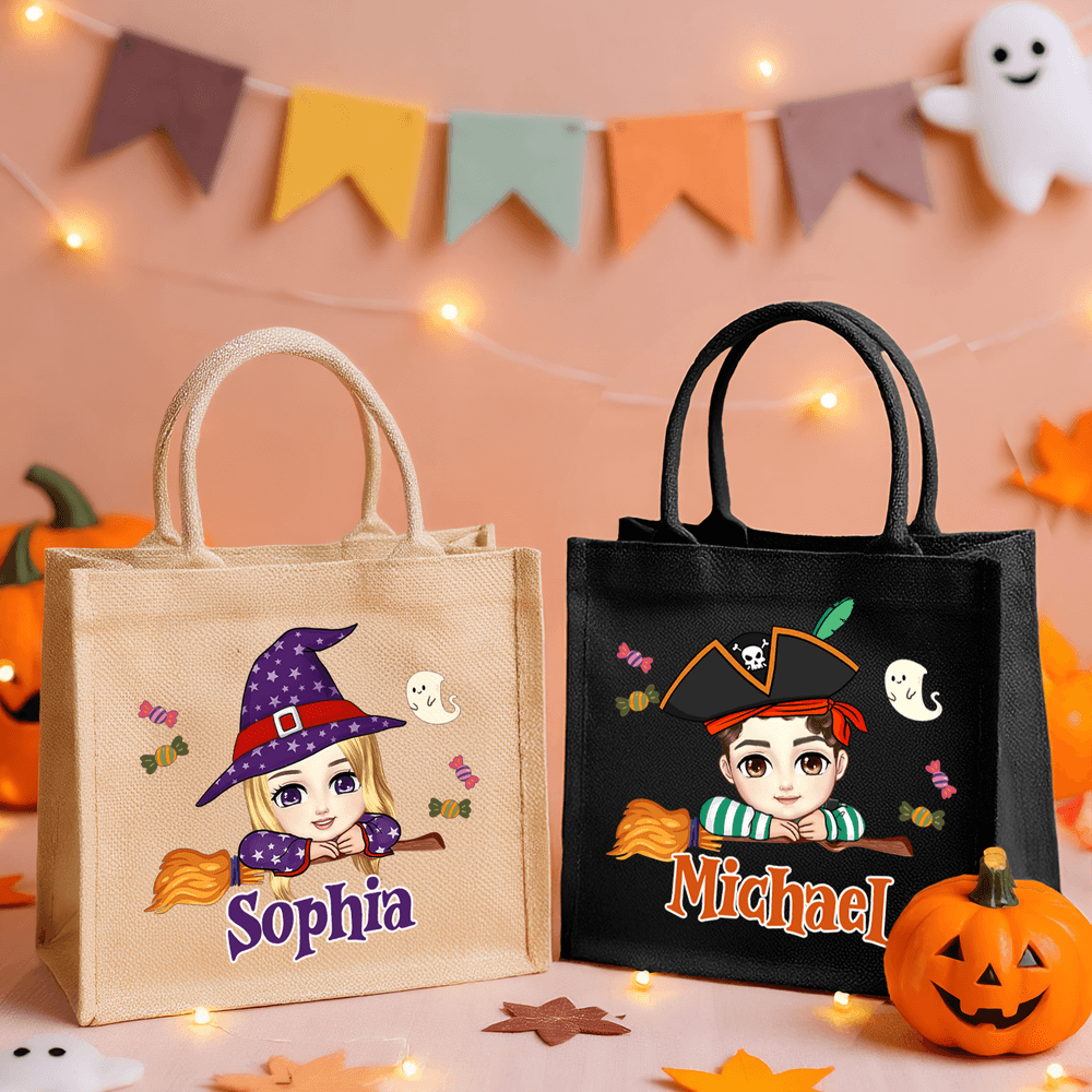 Escoba de Halloween personalizada Personaje de dibujos animados Bolsa de gran capacidad con nombre Fiesta de Halloween Regalo para niños