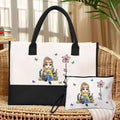 Personalizado Cartoon Reading Character Large Tote Bag Bolsa de Maquillaje Portátil con Flor de Nacimiento y Nombre Accesorios de Viaje Regalo de Cumpleaños para Mujeres Niñas