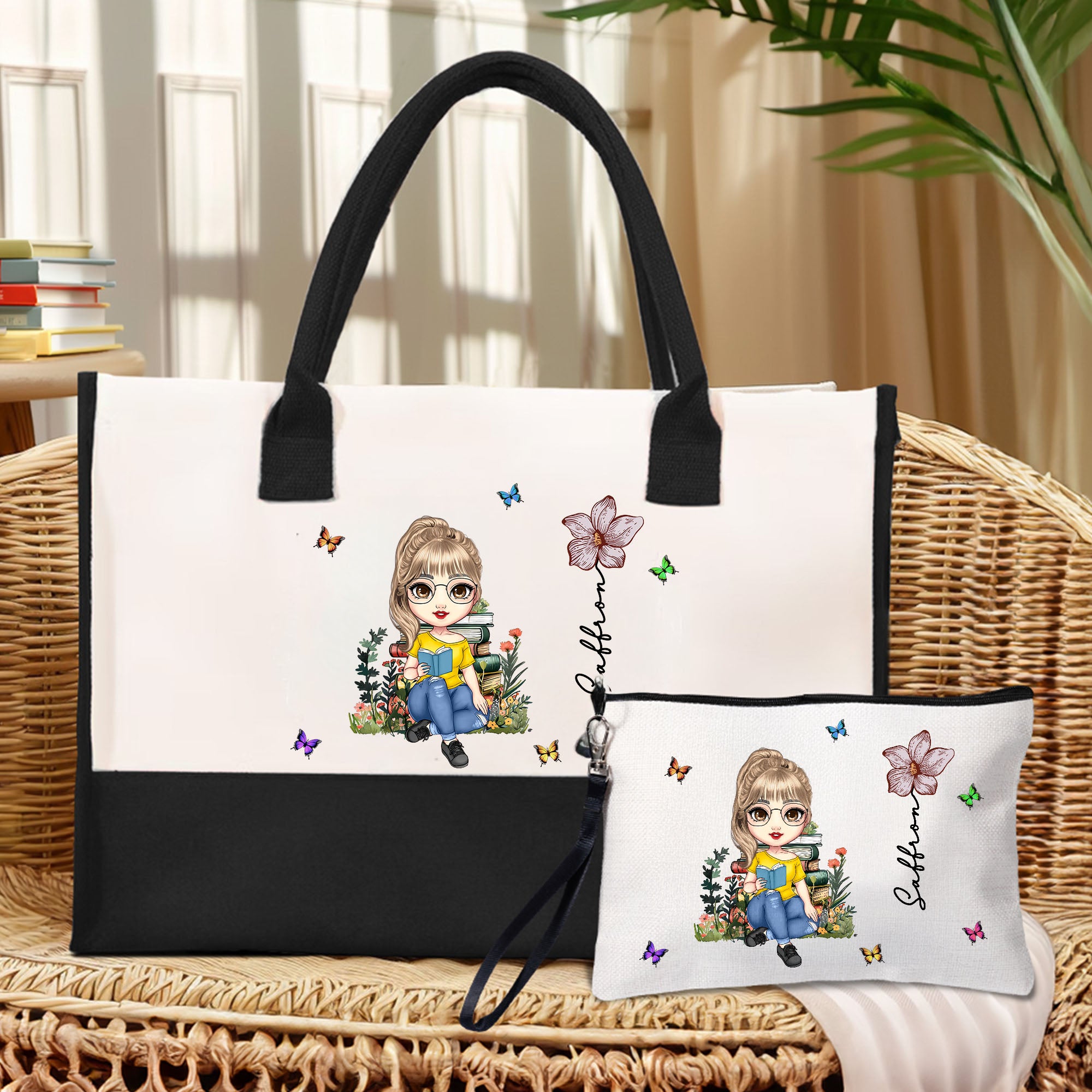 Personalizado Cartoon Reading Character Large Tote Bag Bolsa de Maquillaje Portátil con Flor de Nacimiento y Nombre Accesorios de Viaje Regalo de Cumpleaños para Mujeres Niñas