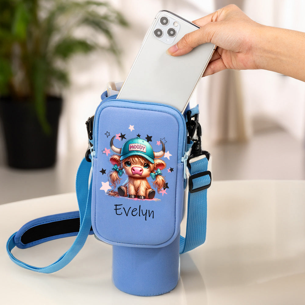 Personalizado lindo nombre de la vaca Highland botella de agua bolsa de transporte de accesorios para 40 oz Stanley Apreciación regalo de cumpleaños para las mujeres Highland amantes de las vacas