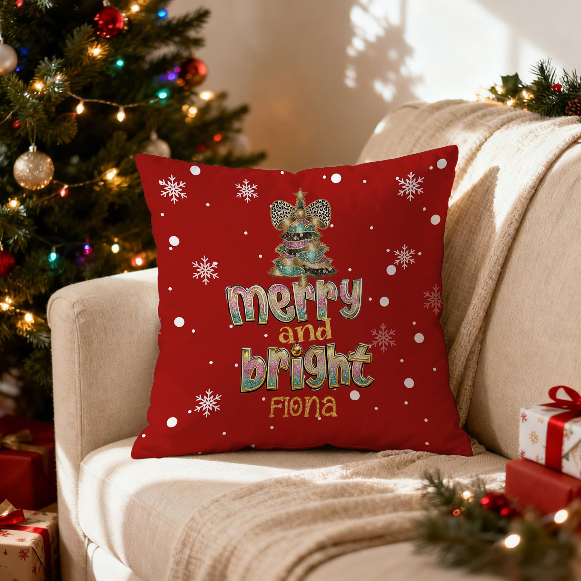 Personalizado Feliz y Brillante Leopardo Imprimir Arco de Navidad Suave Funda de Almohada con Nombre Decoración del Hogar Navidad Regalo para Niños Familia
