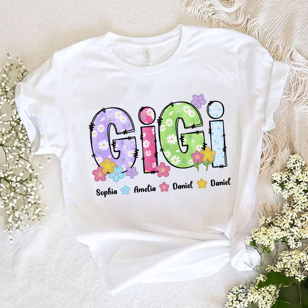 Personalizado colorido alfabetos florales Camiseta Sudadera con apodo y 1-12 nombres Día de la Madre Cumpleaños Regalo para Mamá Abuela Familia