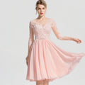 Bridal Wedding Dress Pink 3 4 Sleeve Short V-Neck A-line