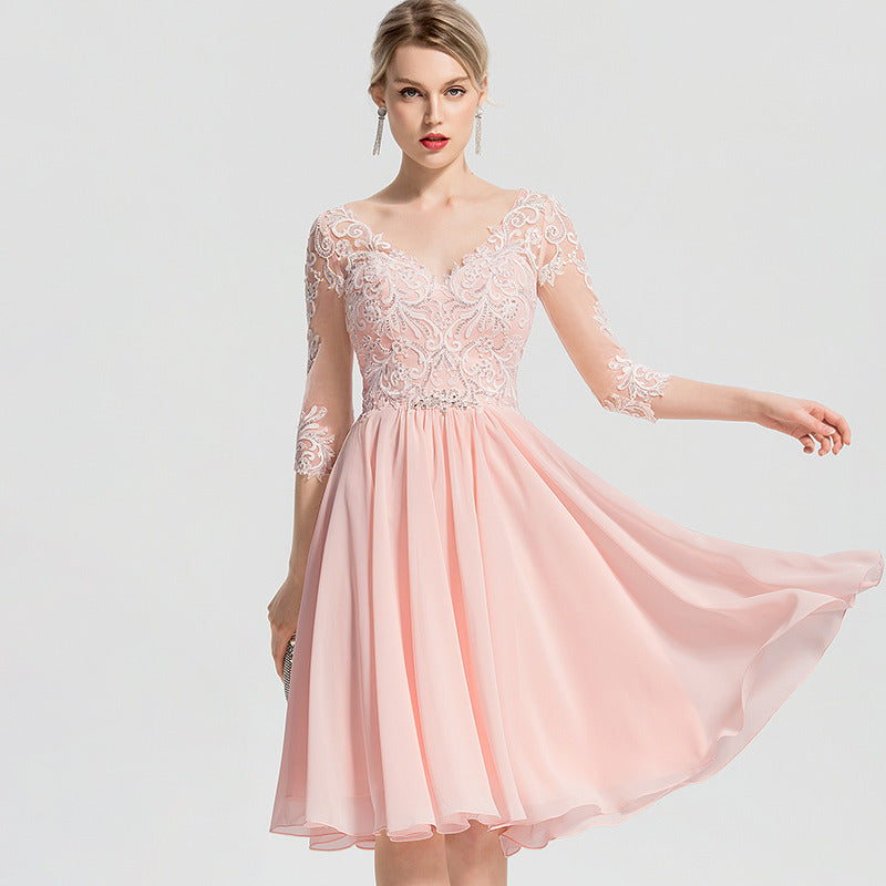 Bridal Wedding Dress Pink 3 4 Sleeve Short V-Neck A-line